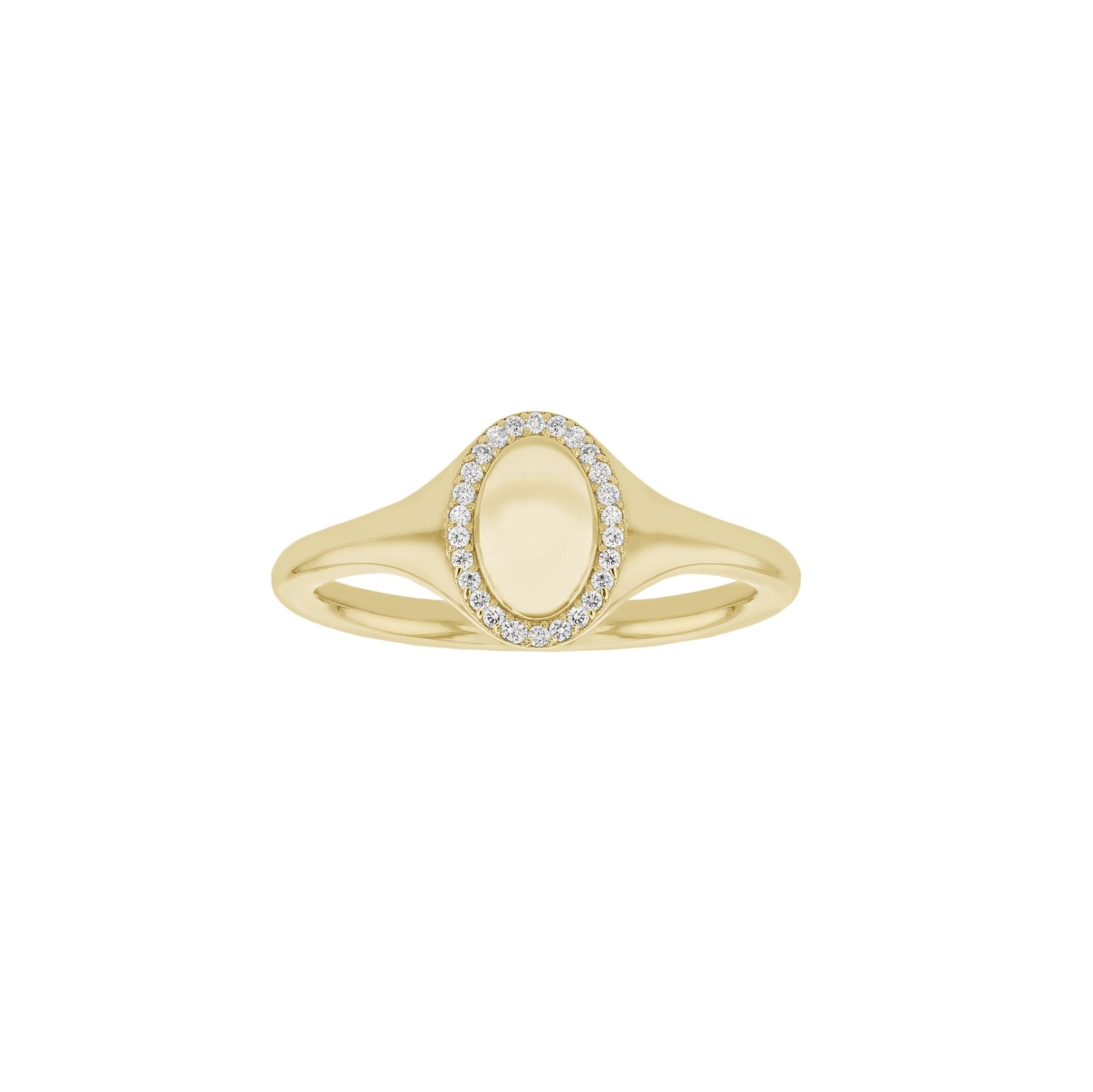 Rings-An elevated take on a classic signet ring. With an antique inspired shape this timeless ring is embellished with a delicate halo of small diamonds around the oval face of the ring.-ELIISE MAAR JEWELLERY