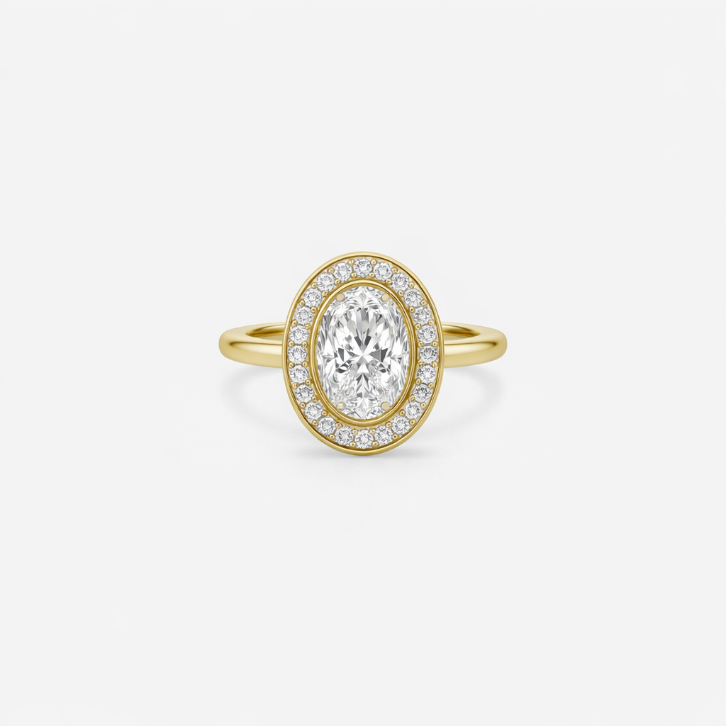Rings-The Georgia engagement ring showcases a stunning oval diamond in a sleek bezel setting, surrounded by a halo of channel set diamonds. Crafted with a comfort fit band, this design combines clean lines with understated brilliance. Its timeless elegance makes it a sophisticated choice for those seeking a modern yet classic look.-ELIISE MAAR JEWELLERY