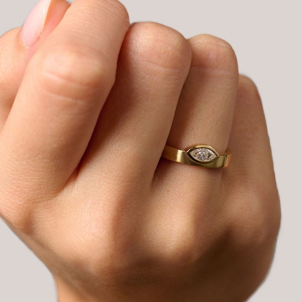 Rings-Part of the Goddess collection, the Iris is inspired by the Greek goddess of wisdom, Athena. Athena is a powerful force, also associated with craft and warfare. Wisdom is similarly associated with the eye in many cultures and religions, such as Hinduism and Buddhism as well as having connotations of feminine energy and creativity from the left Eye of Horus for the ancient Egyptians. The marquise cut diamond symbolises this eye and the wisdom it represents.-ELIISE MAAR JEWELLERY