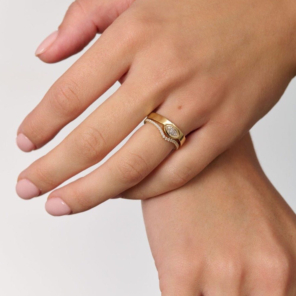 Rings-Part of the Goddess collection, the Iris is inspired by the Greek goddess of wisdom, Athena. Athena is a powerful force, also associated with craft and warfare. Wisdom is similarly associated with the eye in many cultures and religions, such as Hinduism and Buddhism as well as having connotations of feminine energy and creativity from the left Eye of Horus for the ancient Egyptians. The marquise cut diamond symbolises this eye and the wisdom it represents.-ELIISE MAAR JEWELLERY