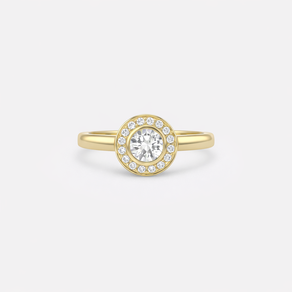 Rings-A classic bezel set round diamond engagement ring with halo.-ELIISE MAAR JEWELLERY