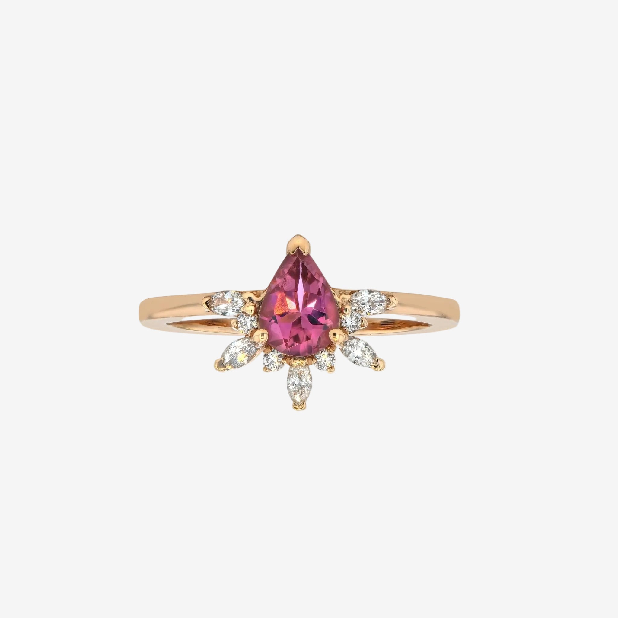 Rings-Feminine, nostalgic nod to the beauty, timelessness and grace of what it means to be woman. Center stone is a stunning vibrant Pink Tourmaline completed with a divine diamond halo. Destined to be your forever obsession. Product Details - Features a 0.70ct Pink Tourmaline- Half halo features marquise and round F/SI1 natural diamonds (approximately 0.20ct)- Shop the Natasha Diamond Crown to complete the set- The ring is 1.85mm wide and 1.6mm thick-ELIISE MAAR JEWELLERY