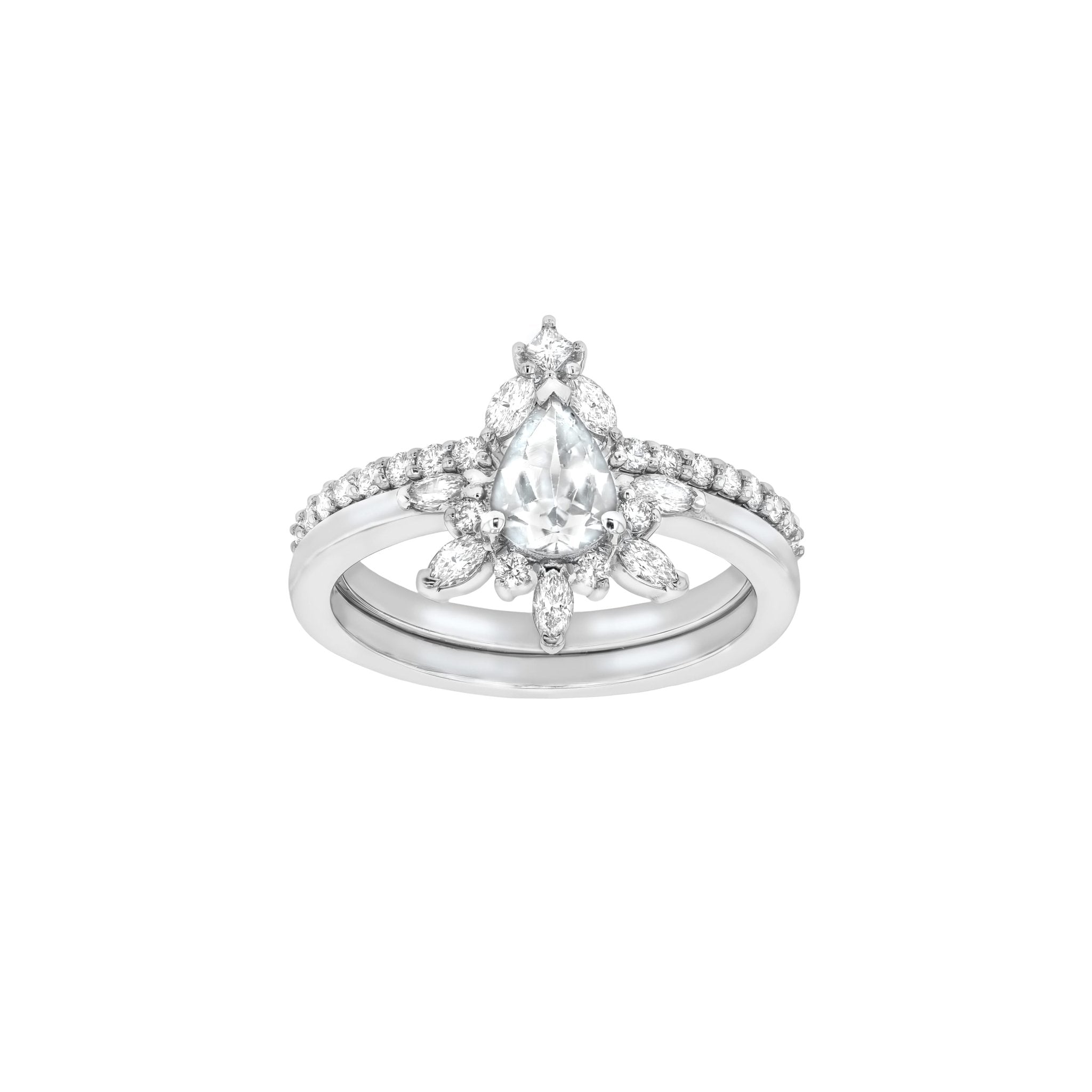 Rings-Feminine, nostalgic nod to the beauty, timelessness and grace of what it means to be woman. Centre stone is a stunning white sapphire completed with a divine diamond halo. Destined to be your forever obsession. Product Details - Features a 0.70ct natural white sapphire- Half halo features marquise and round F/SI1 natural diamonds (approximately 0.20ct)- Shop the Natasha Diamond Crown to complete the set- The ring is 1.85mm wide and 1.6mm thick-ELIISE MAAR JEWELLERY