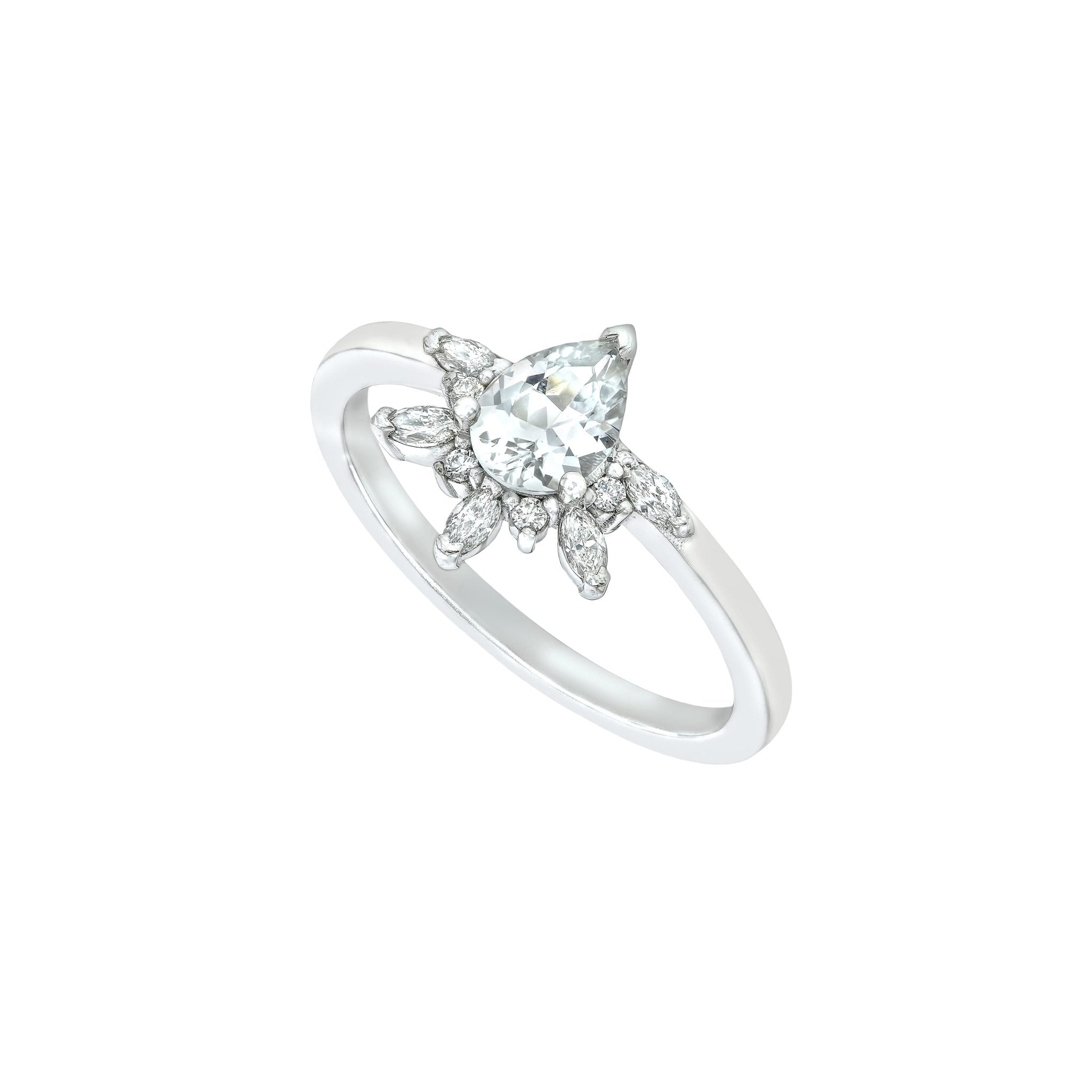 Rings-Feminine, nostalgic nod to the beauty, timelessness and grace of what it means to be woman. Centre stone is a stunning white sapphire completed with a divine diamond halo. Destined to be your forever obsession. Product Details - Features a 0.70ct natural white sapphire- Half halo features marquise and round F/SI1 natural diamonds (approximately 0.20ct)- Shop the Natasha Diamond Crown to complete the set- The ring is 1.85mm wide and 1.6mm thick-ELIISE MAAR JEWELLERY