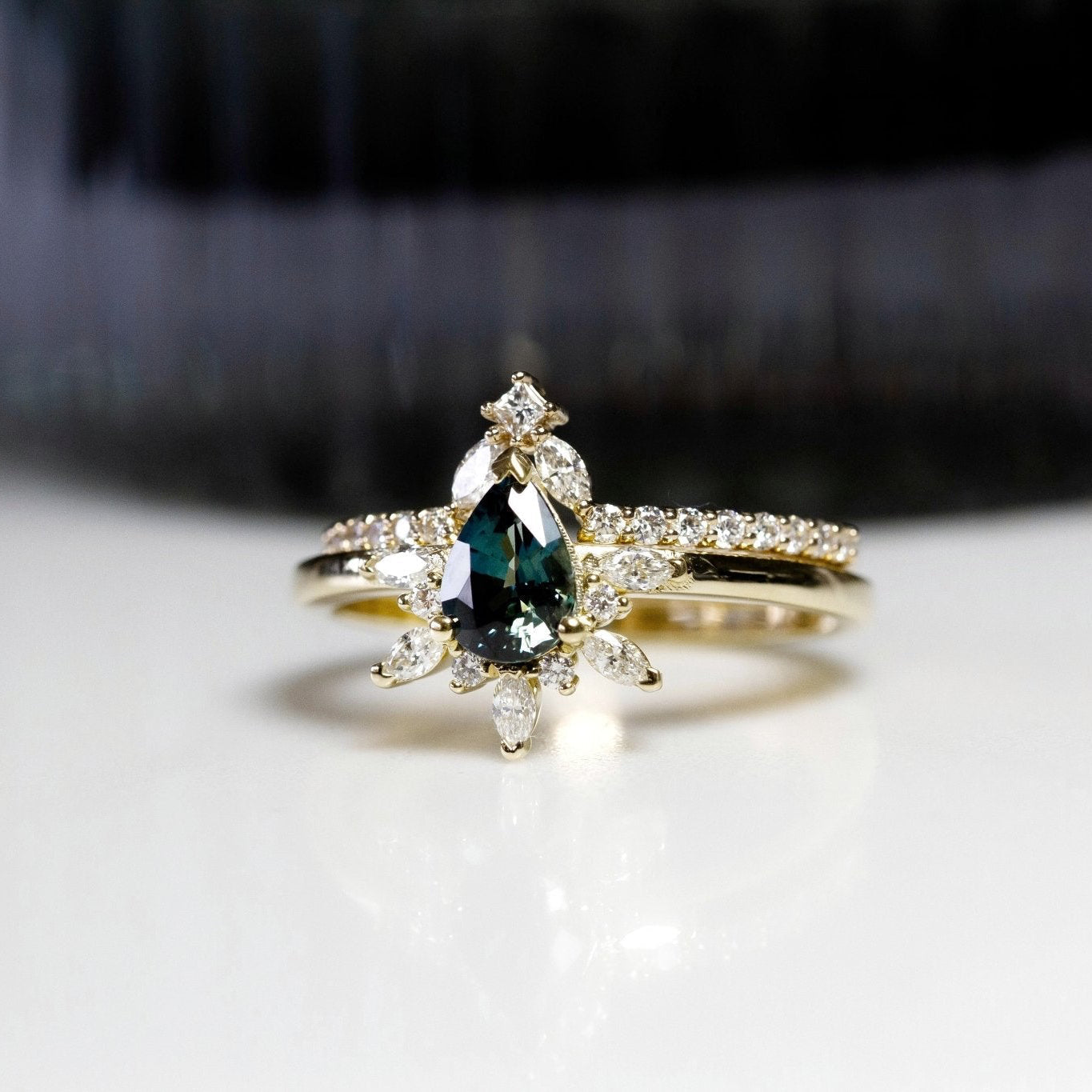 Rings-Feminine, nostalgic nod to the beauty, timelessness and grace of what it means to be woman. Centre stone is a stunning Australian Sapphire completed with a divine diamond halo. Destined to be your forever obsession. Product Details - Features a 0.70ct natural deep blue Australian Sapphire- Half halo features marquise and round F/SI1 natural diamonds (approximately 0.20ct)- Shop the Natasha Diamond Crown to complete the set- The ring is 1.85mm wide and 1.6mm thick-ELIISE MAAR JEWELLERY