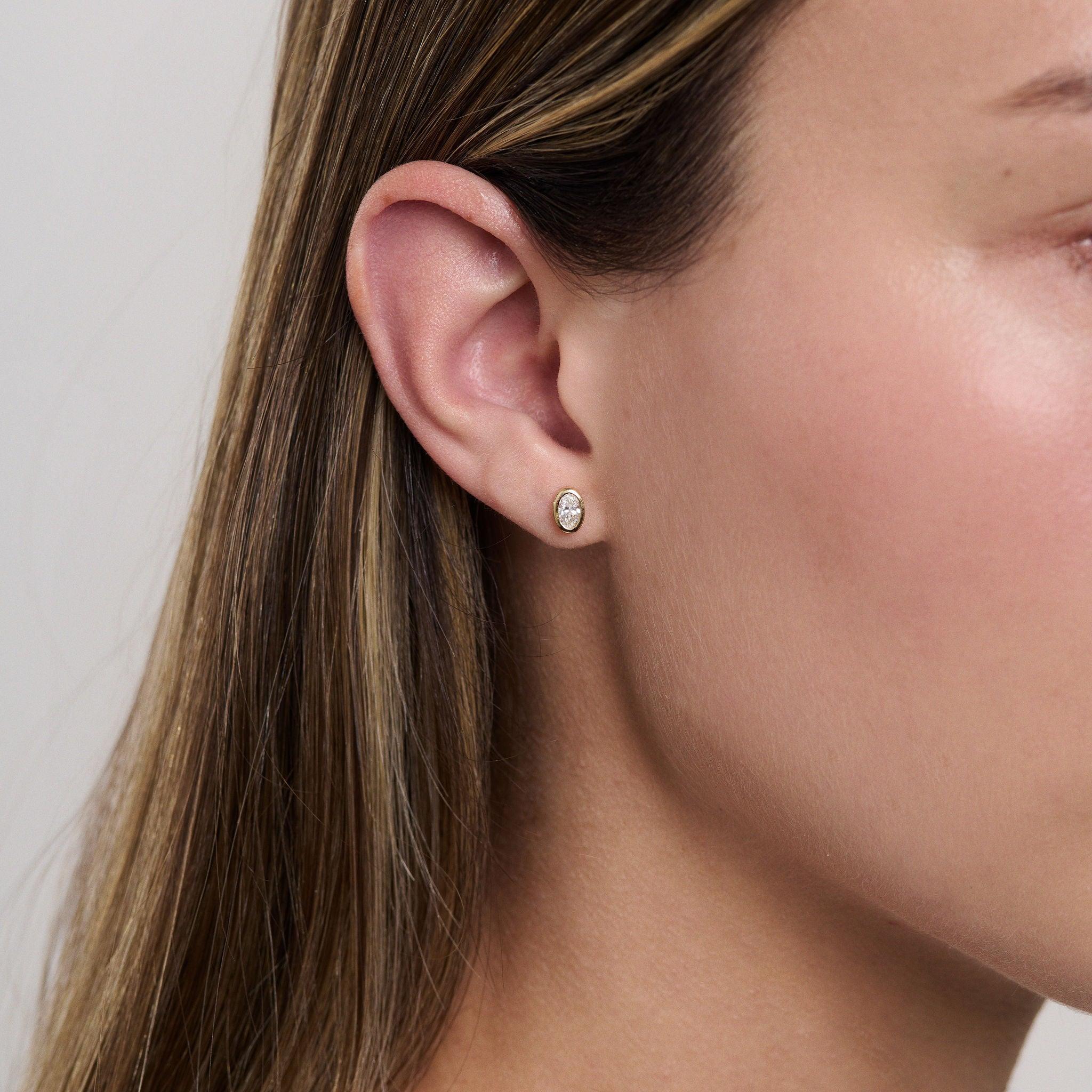 Earrings-Oval Bezel Diamond Solitaire Studs. Made to order in Australia, 2-4 week lead time. Ethically sourced diamonds, recycled gold.-ELIISE MAAR JEWELLERY