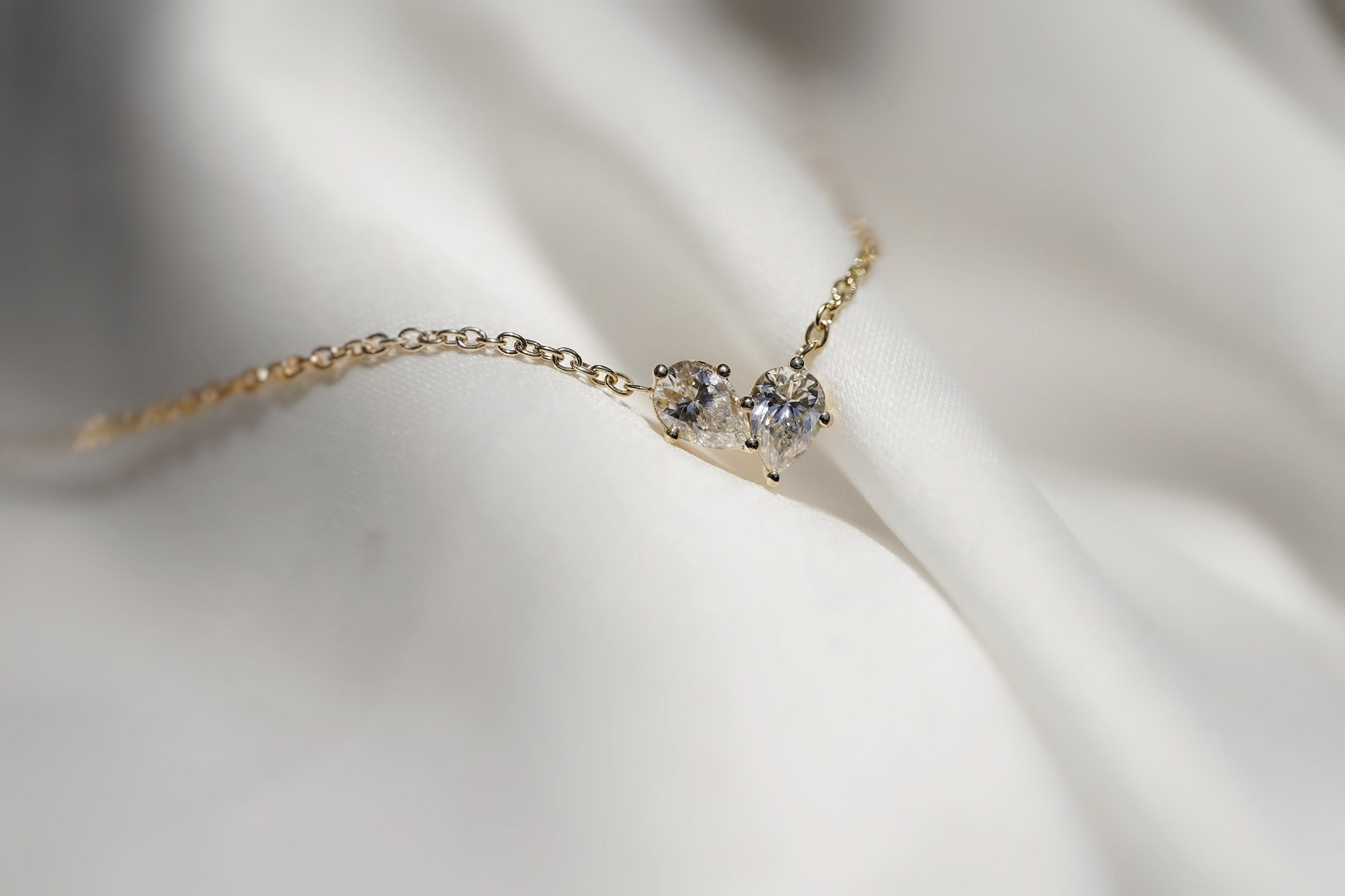 Necklaces-This enchanting heart shaped birthstone necklace looks like a spark of celestial beauty. Two individual, sparkling pear-shaped stones, customizable to each of your beloved's birth months. Luxe Necklace - Features 6x4 Pear Cut Gemstones (total carat weigh 1.00ct) JANUARY Garnet FEBRUARY Amethyst MARCH Aquamarine APRIL Diamond MAY Emerald JUNE Pearl JULY Ruby AUGUST Peridot SEPTEMBER Sapphire OCTOBER Tourmaline NOVEMBER Citrine DECEMBER Blue Topaz Whether worn as a reminder of someone special in you