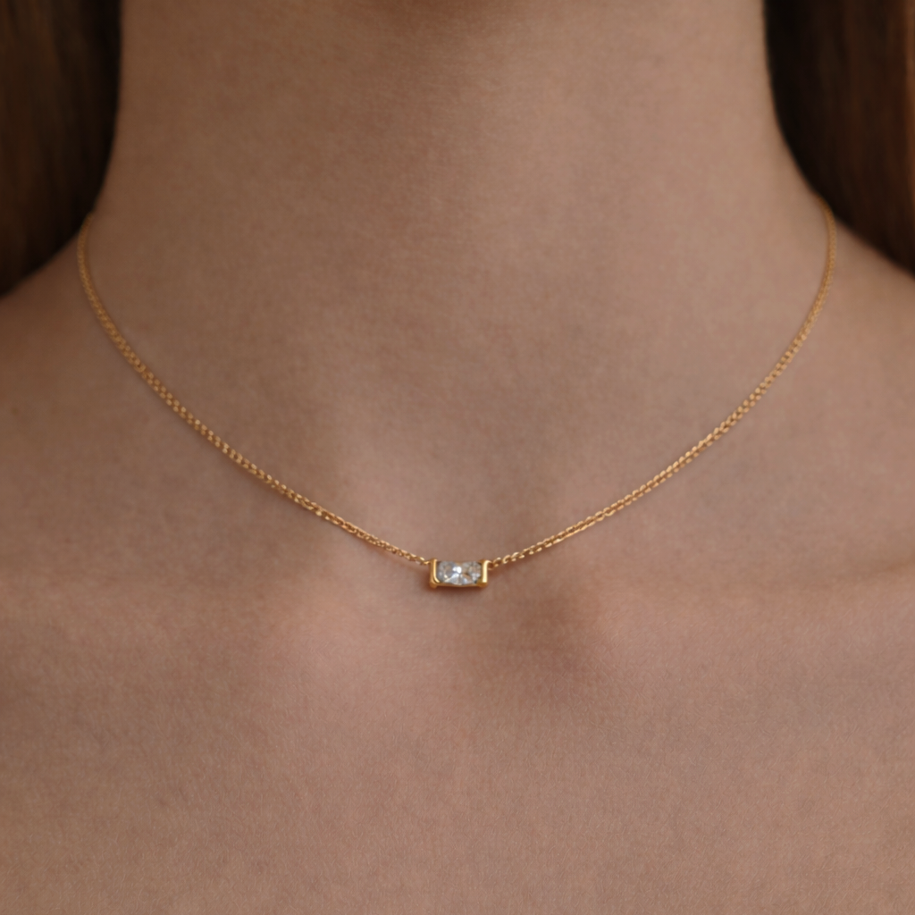 Necklaces-Vivian East West Solitaire Necklace. Diamond solitaire design with radiant cut. Simple, elegant necklace.-ELIISE MAAR JEWELLERY