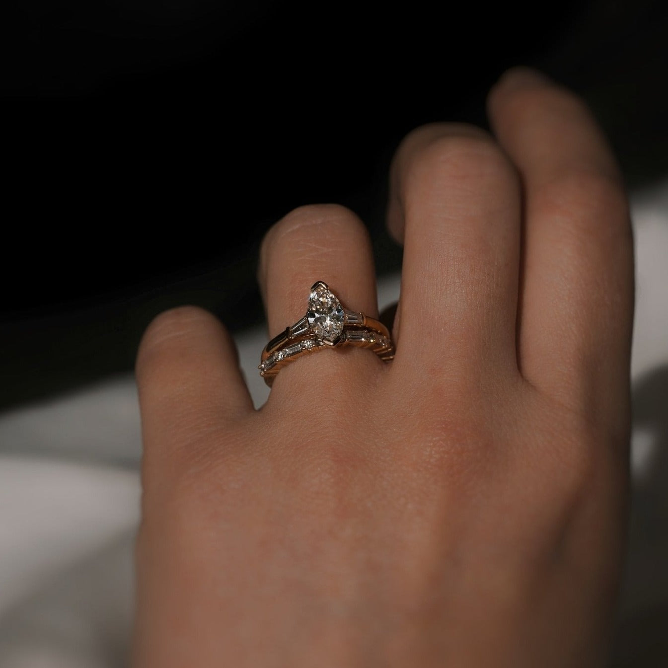 Rings-Your perfect art-deco dream. The striking beauty of the marquise diamond is the focus of this stunning engagement ring. The trilogy arrangement with the tapered baguettes on either side of the centre stone creates a crescendo of sparkling beauty. - VIDEO 1- VIDEO 2-ELIISE MAAR JEWELLERY