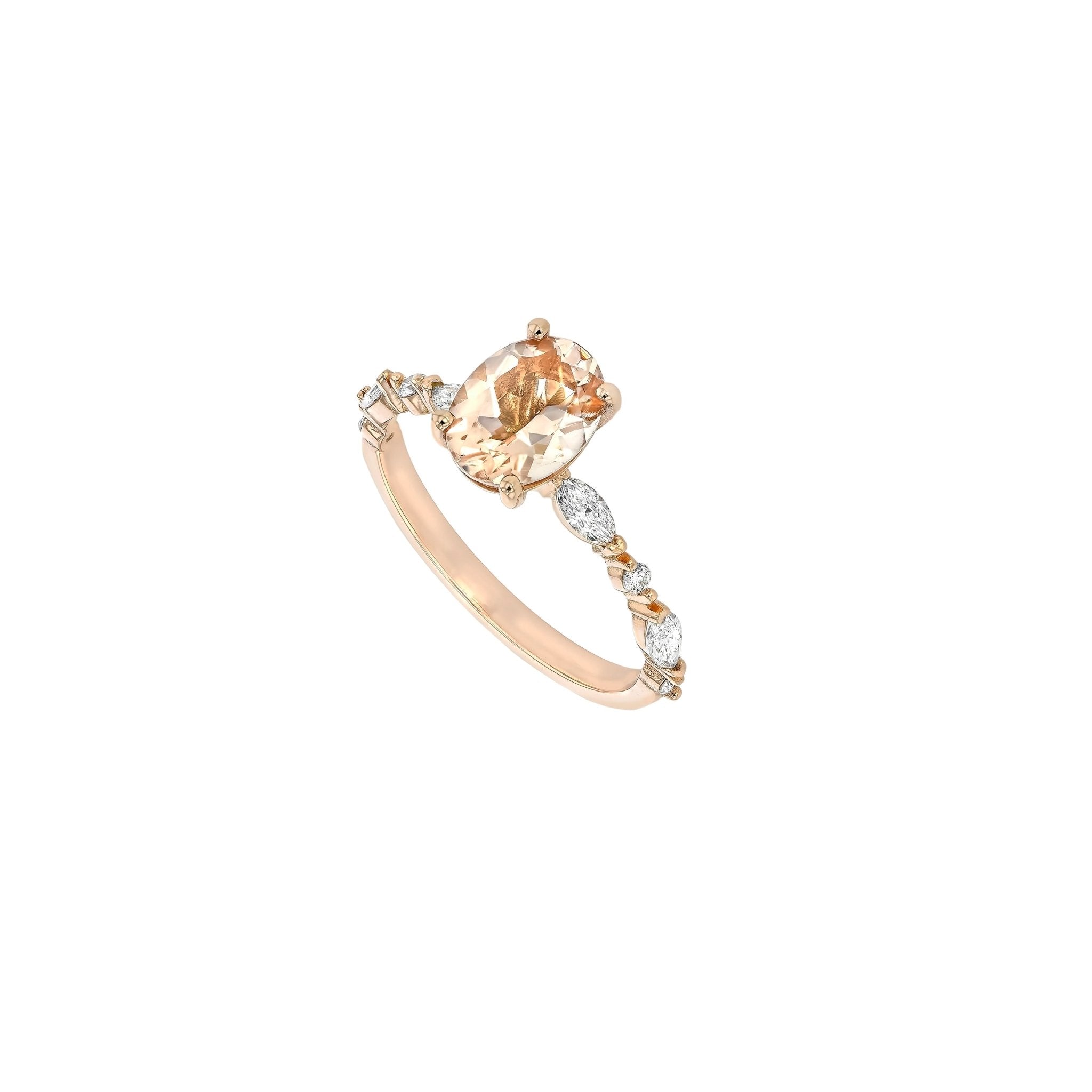 Rings-One of our most beloved designs. The Kelly features a stunning centre morganite surrounded by a band holding marquise and round-cut diamonds. This ring is a stunning reflection of love with its intricate design and endless sparkle. We recommend pairing the Kelly with the Eleni Diamond Band or the Eleanor Diamond Band. Product Details - Featuring a natural 8x6mm peachy-pinky Morganite centre stone- The ring is 2mm thick and 1.80mm wide - The side stones are marquise and round brilliant cut natural diam