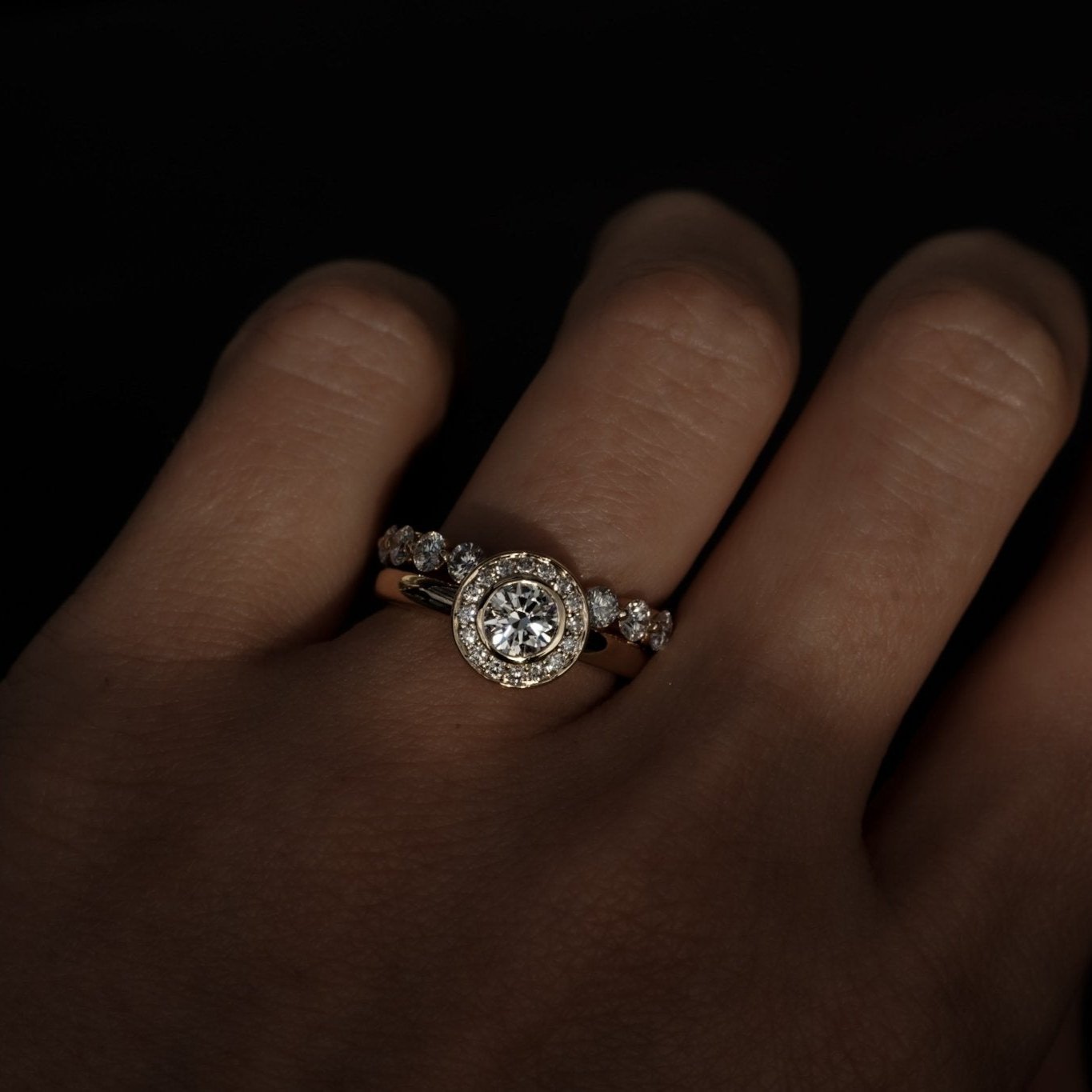 Rings-A classic bezel set round diamond engagement ring with halo.-ELIISE MAAR JEWELLERY
