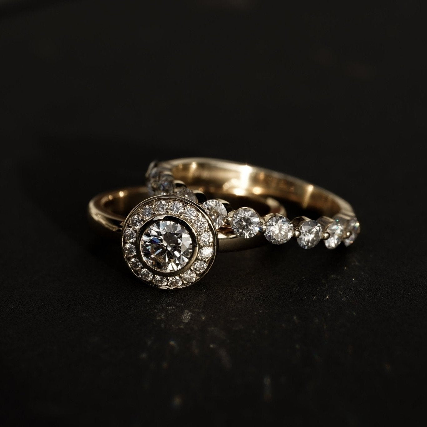 Rings-A classic bezel set round diamond engagement ring with halo.-ELIISE MAAR JEWELLERY