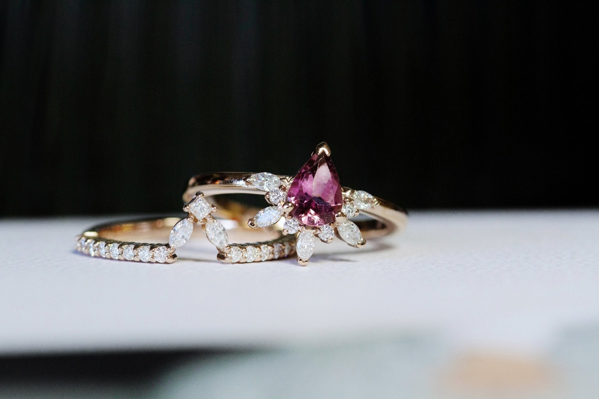 Rings-Feminine, nostalgic nod to the beauty, timelessness and grace of what it means to be woman. Center stone is a stunning vibrant Pink Tourmaline completed with a divine diamond halo. Destined to be your forever obsession. Product Details - Features a 0.70ct Pink Tourmaline- Half halo features marquise and round F/SI1 natural diamonds (approximately 0.20ct)- Shop the Natasha Diamond Crown to complete the set- The ring is 1.85mm wide and 1.6mm thick-ELIISE MAAR JEWELLERY