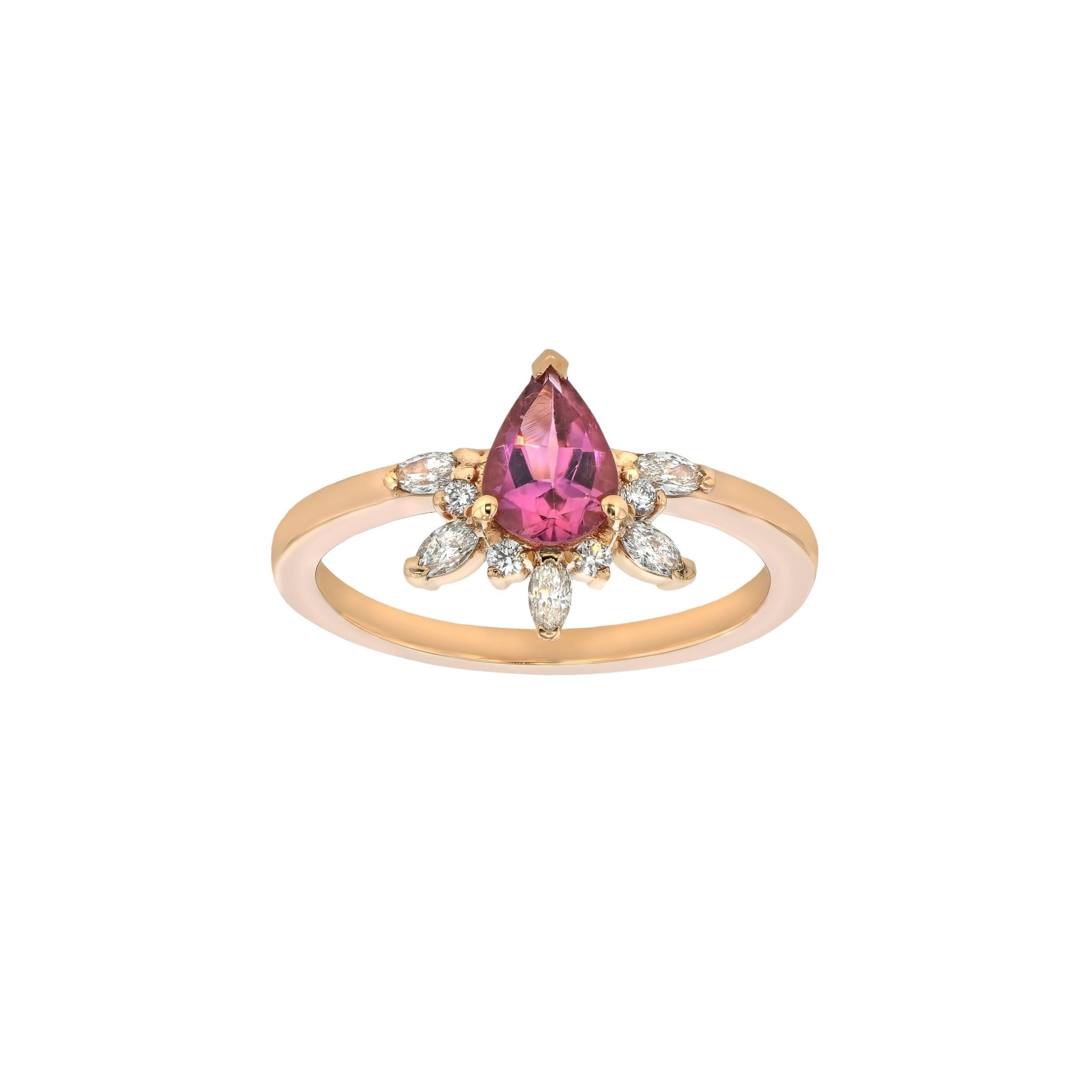 Rings-Feminine, nostalgic nod to the beauty, timelessness and grace of what it means to be woman. Center stone is a stunning vibrant Pink Tourmaline completed with a divine diamond halo. Destined to be your forever obsession. Product Details - Features a 0.70ct Pink Tourmaline- Half halo features marquise and round F/SI1 natural diamonds (approximately 0.20ct)- Shop the Natasha Diamond Crown to complete the set- The ring is 1.85mm wide and 1.6mm thick-ELIISE MAAR JEWELLERY