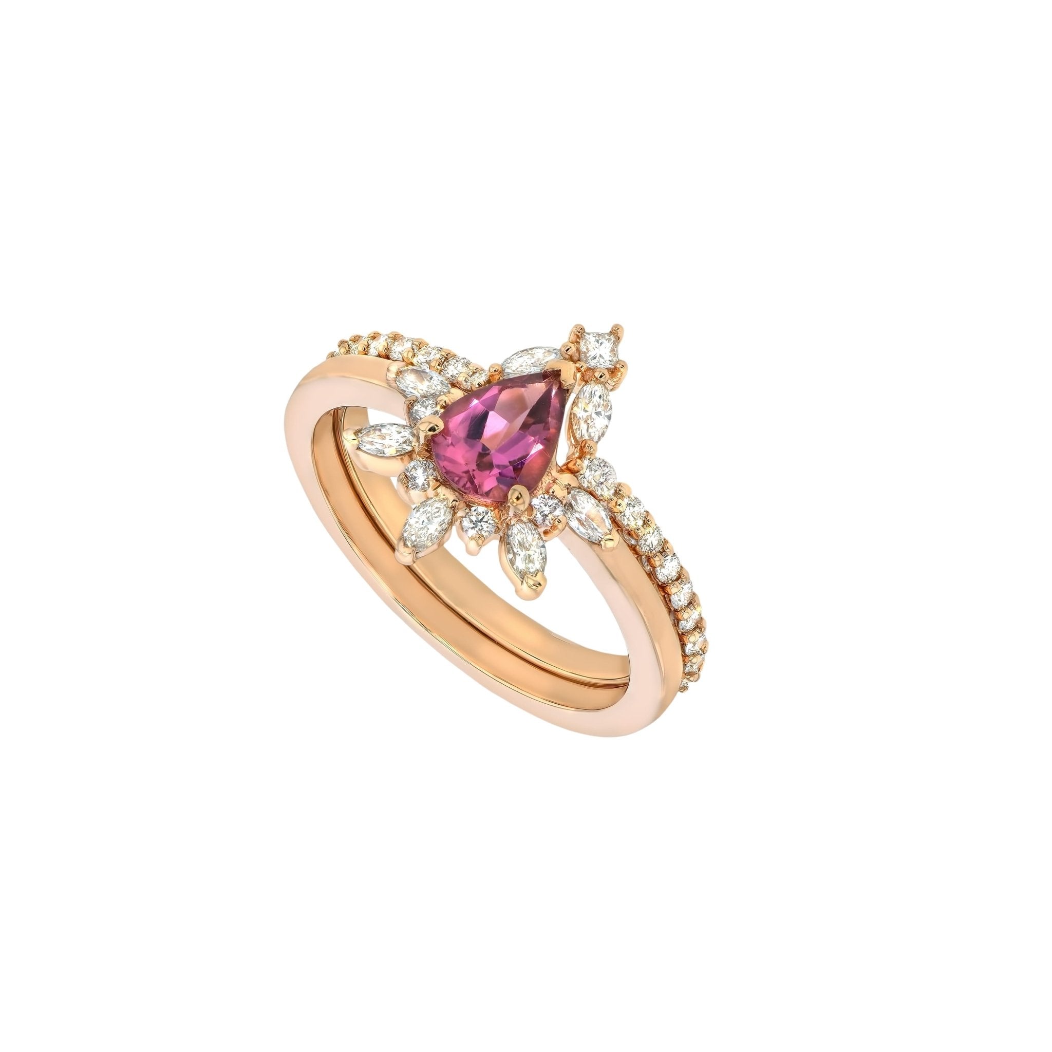 Rings-Feminine, nostalgic nod to the beauty, timelessness and grace of what it means to be woman. Center stone is a stunning vibrant Pink Tourmaline completed with a divine diamond halo. Destined to be your forever obsession. Product Details - Features a 0.70ct Pink Tourmaline- Half halo features marquise and round F/SI1 natural diamonds (approximately 0.20ct)- Shop the Natasha Diamond Crown to complete the set- The ring is 1.85mm wide and 1.6mm thick-ELIISE MAAR JEWELLERY