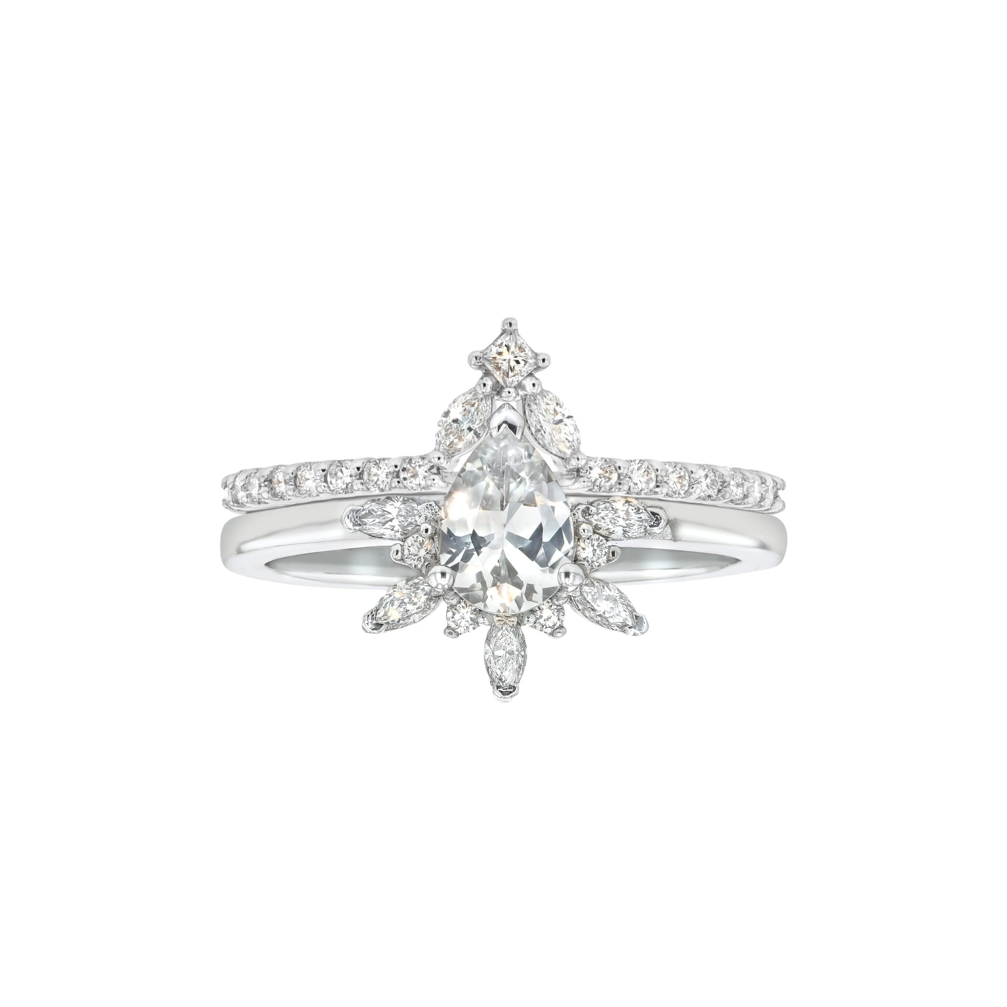 Rings-Feminine, nostalgic nod to the beauty, timelessness and grace of what it means to be woman. Centre stone is a stunning white sapphire completed with a divine diamond halo. Destined to be your forever obsession. Product Details - Features a 0.70ct natural white sapphire- Half halo features marquise and round F/SI1 natural diamonds (approximately 0.20ct)- Shop the Natasha Diamond Crown to complete the set- The ring is 1.85mm wide and 1.6mm thick-ELIISE MAAR JEWELLERY