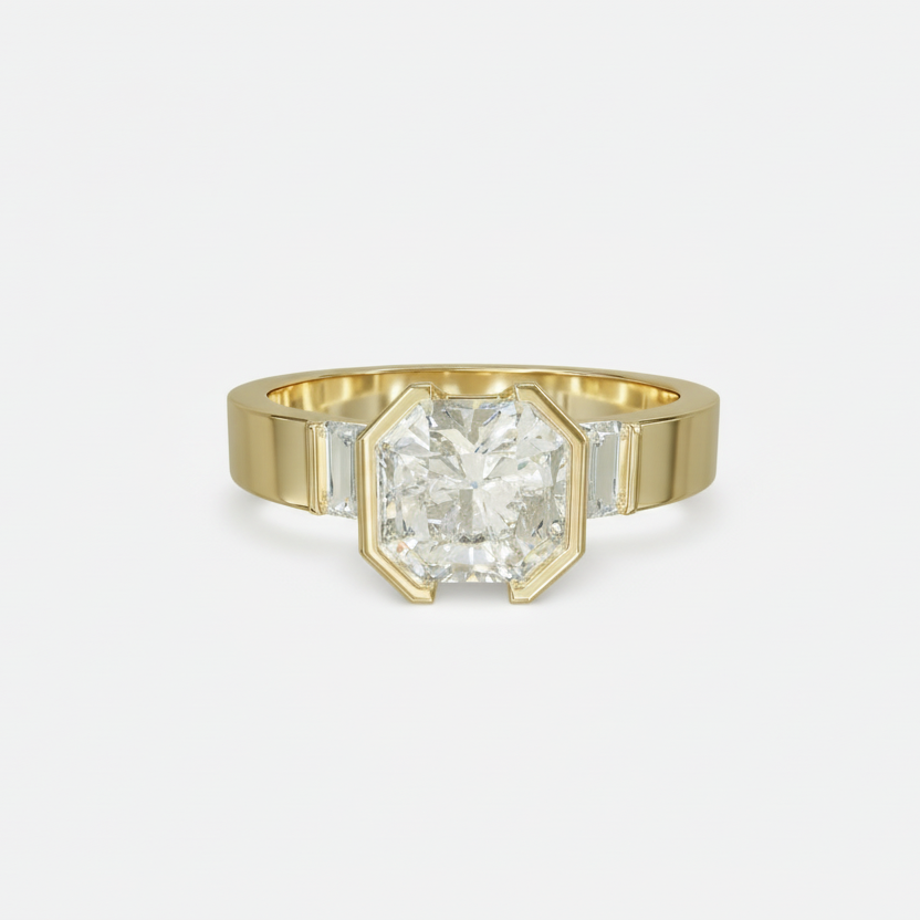 Gold ring with a large diamond on a white background