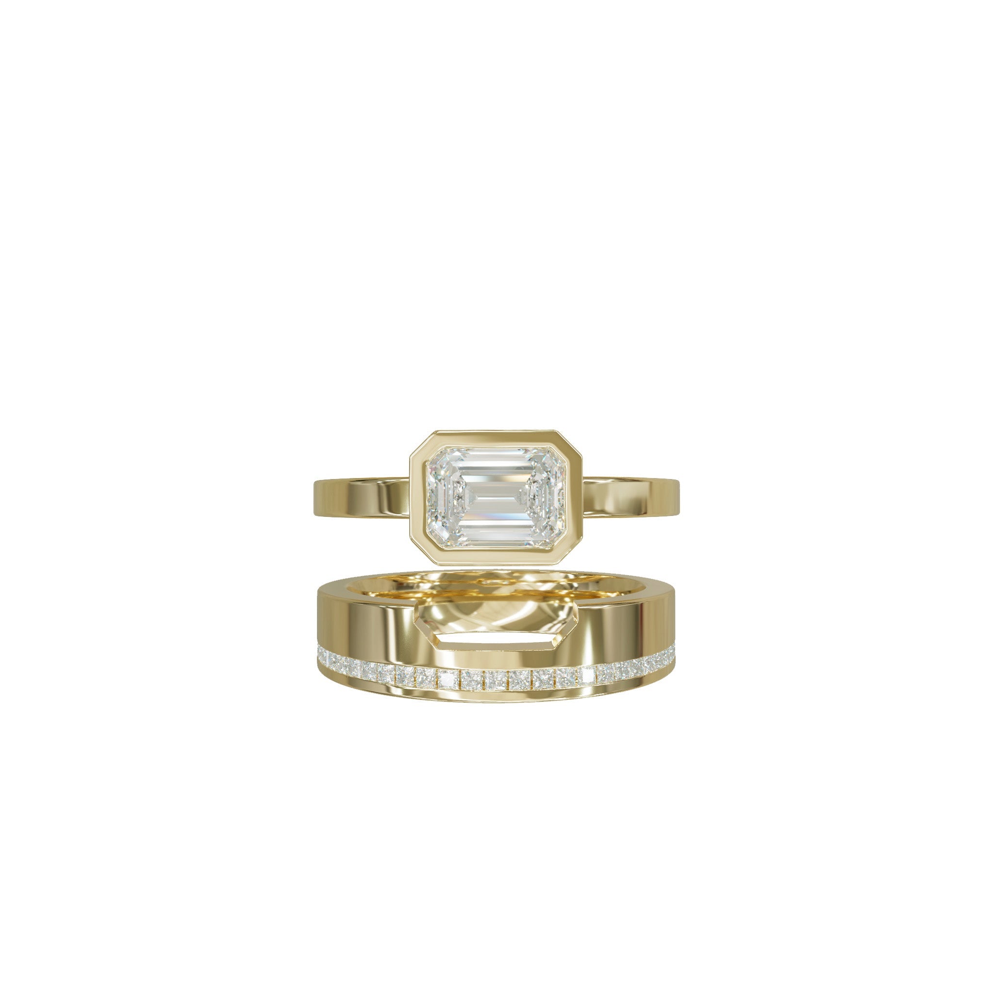 Rings-A bold expression of love, unity, and courage, this three-piece wedding ring set is designed for those who dare to love fearlessly. At its heart lies a striking emerald-cut diamond, bezel-set in a sleek band - symbolizing clarity, strength, and unwavering commitment. Bound by two perfectly contoured bands, the set fits together like a powerful puzzle, each piece enhancing the other. The architectural design reflects the bravery it takes to build a lasting bond, while the radiant finish and seamless al