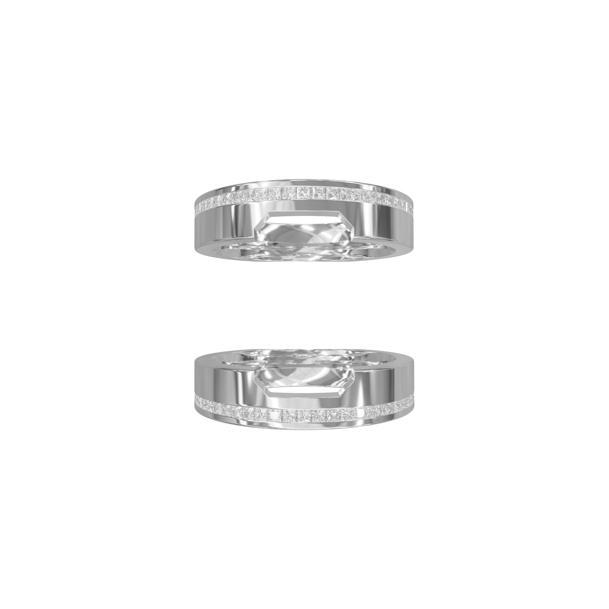 Rings-A bold expression of love, unity, and courage, this three-piece wedding ring set is designed for those who dare to love fearlessly. At its heart lies a striking emerald-cut diamond, bezel-set in a sleek band - symbolizing clarity, strength, and unwavering commitment. Bound by two perfectly contoured bands, the set fits together like a powerful puzzle, each piece enhancing the other. The architectural design reflects the bravery it takes to build a lasting bond, while the radiant finish and seamless al