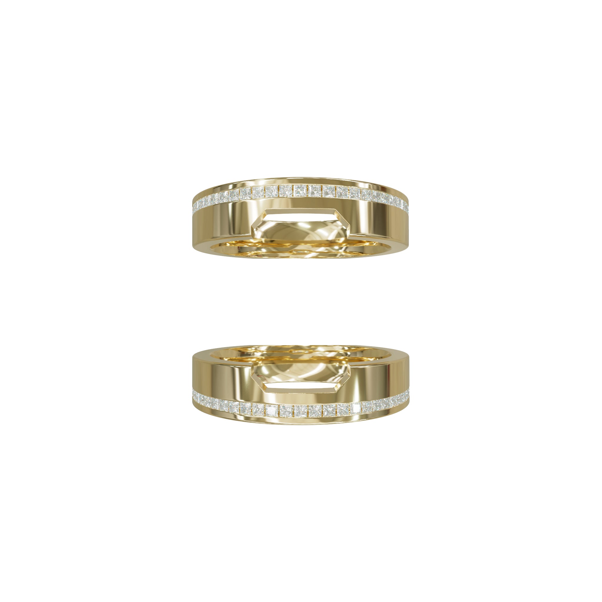 Rings-A bold expression of love, unity, and courage, this three-piece wedding ring set is designed for those who dare to love fearlessly. At its heart lies a striking emerald-cut diamond, bezel-set in a sleek band - symbolizing clarity, strength, and unwavering commitment. Bound by two perfectly contoured bands, the set fits together like a powerful puzzle, each piece enhancing the other. The architectural design reflects the bravery it takes to build a lasting bond, while the radiant finish and seamless al