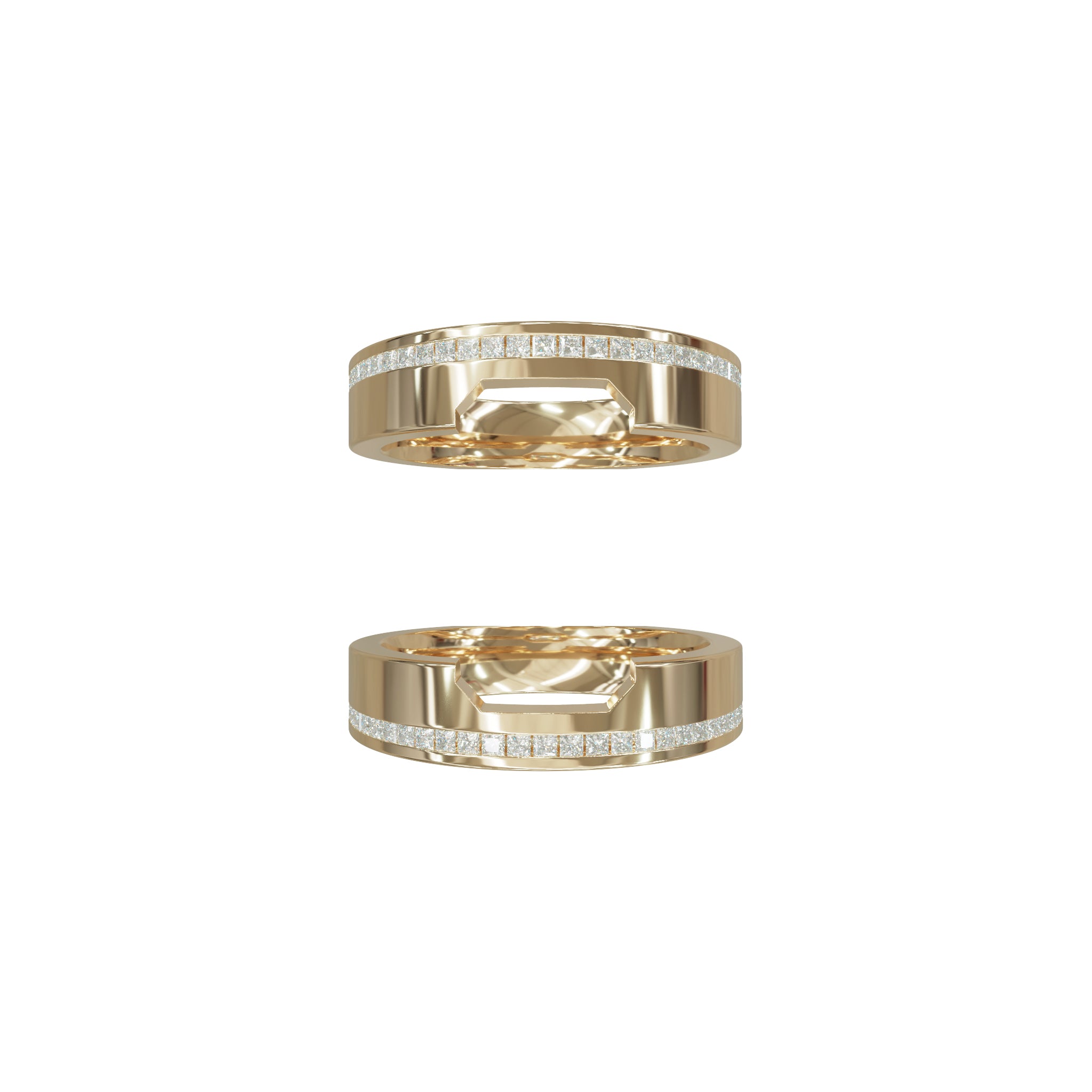 Rings-A bold expression of love, unity, and courage, this three-piece wedding ring set is designed for those who dare to love fearlessly. At its heart lies a striking emerald-cut diamond, bezel-set in a sleek band - symbolizing clarity, strength, and unwavering commitment. Bound by two perfectly contoured bands, the set fits together like a powerful puzzle, each piece enhancing the other. The architectural design reflects the bravery it takes to build a lasting bond, while the radiant finish and seamless al