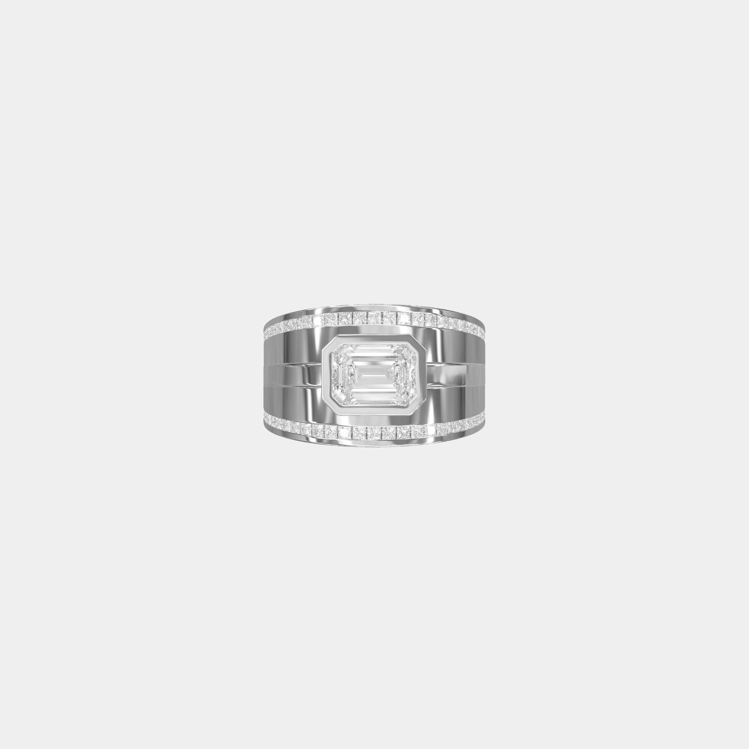 Rings-A bold expression of love, unity, and courage, this three-piece wedding ring set is designed for those who dare to love fearlessly. At its heart lies a striking emerald-cut diamond, bezel-set in a sleek band - symbolizing clarity, strength, and unwavering commitment. Bound by two perfectly contoured bands, the set fits together like a powerful puzzle, each piece enhancing the other. The architectural design reflects the bravery it takes to build a lasting bond, while the radiant finish and seamless al