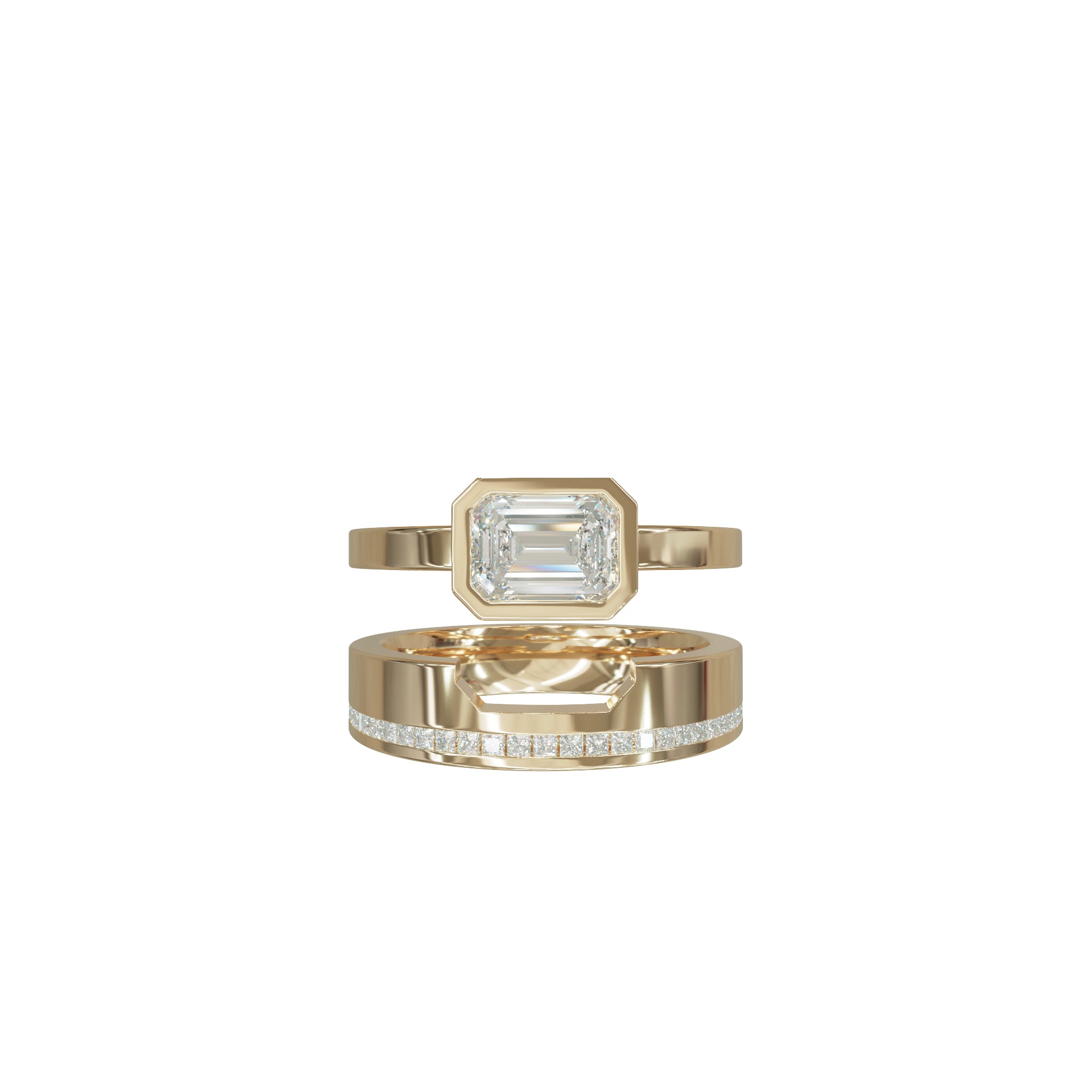 Rings-A bold expression of love, unity, and courage, this three-piece wedding ring set is designed for those who dare to love fearlessly. At its heart lies a striking emerald-cut diamond, bezel-set in a sleek band - symbolizing clarity, strength, and unwavering commitment. Bound by two perfectly contoured bands, the set fits together like a powerful puzzle, each piece enhancing the other. The architectural design reflects the bravery it takes to build a lasting bond, while the radiant finish and seamless al