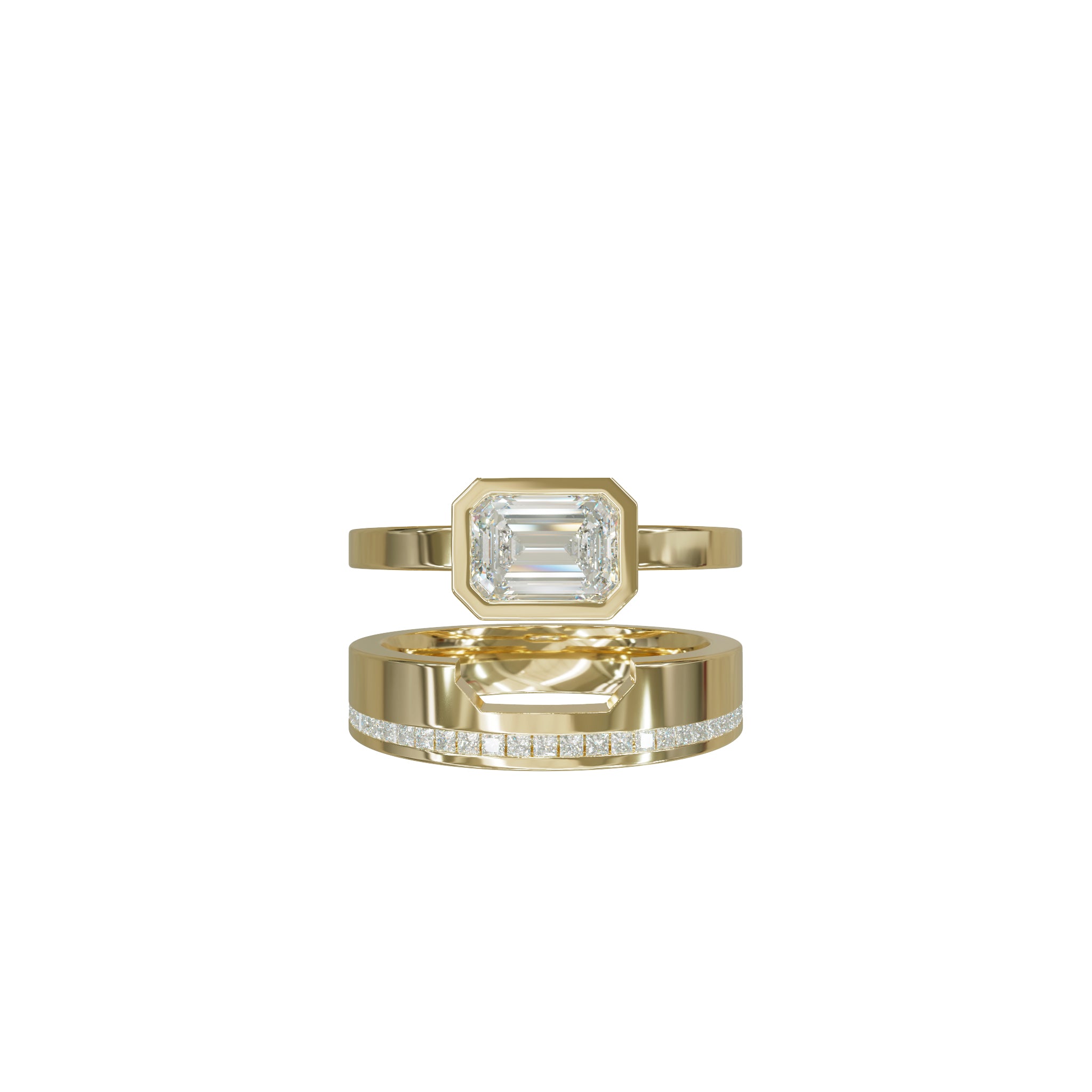 Rings-A bold expression of love, unity, and courage, this three-piece wedding ring set is designed for those who dare to love fearlessly. At its heart lies a striking emerald-cut diamond, bezel-set in a sleek band - symbolizing clarity, strength, and unwavering commitment. Bound by two perfectly contoured bands, the set fits together like a powerful puzzle, each piece enhancing the other. The architectural design reflects the bravery it takes to build a lasting bond, while the radiant finish and seamless al