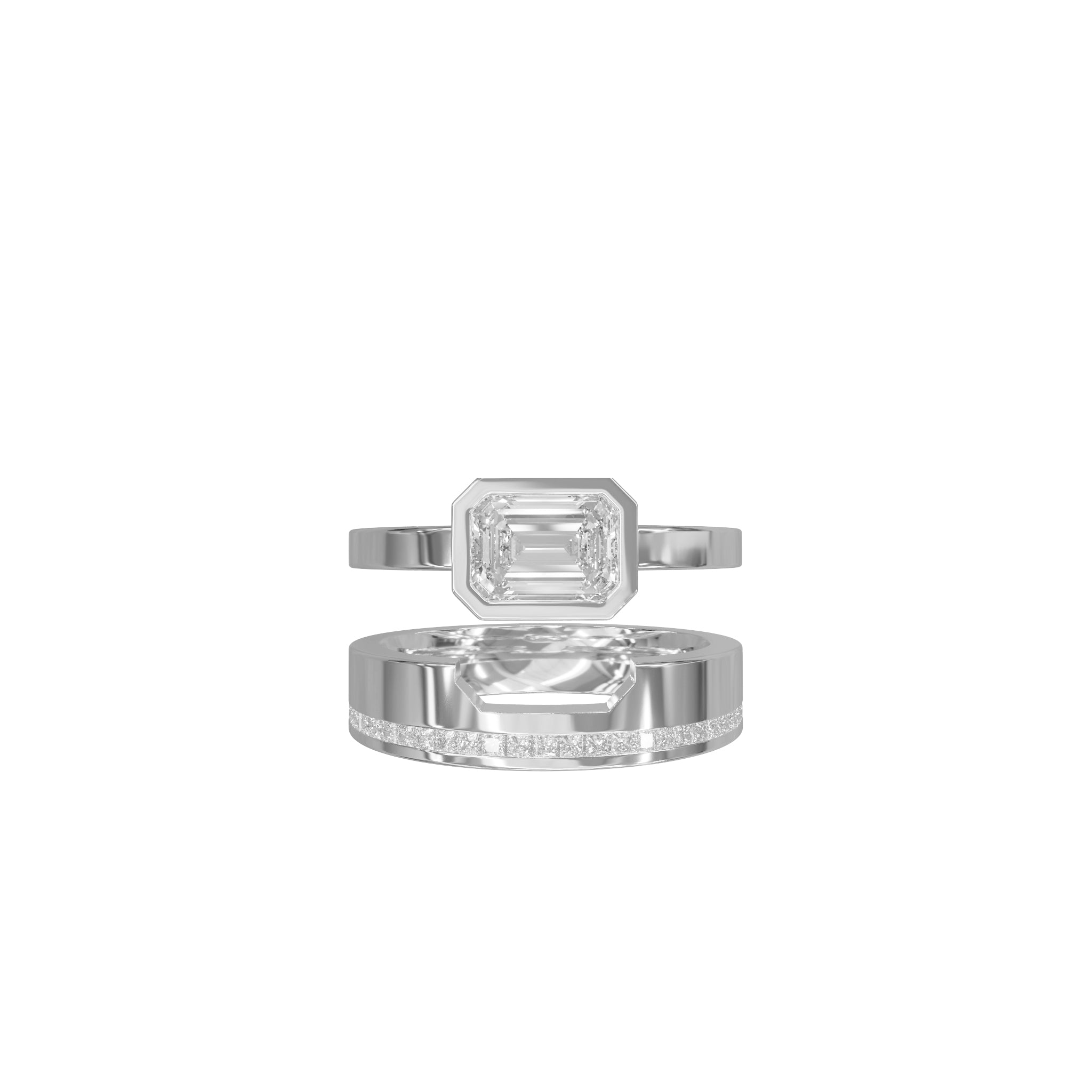 Rings-A bold expression of love, unity, and courage, this three-piece wedding ring set is designed for those who dare to love fearlessly. At its heart lies a striking emerald-cut diamond, bezel-set in a sleek band - symbolizing clarity, strength, and unwavering commitment. Bound by two perfectly contoured bands, the set fits together like a powerful puzzle, each piece enhancing the other. The architectural design reflects the bravery it takes to build a lasting bond, while the radiant finish and seamless al