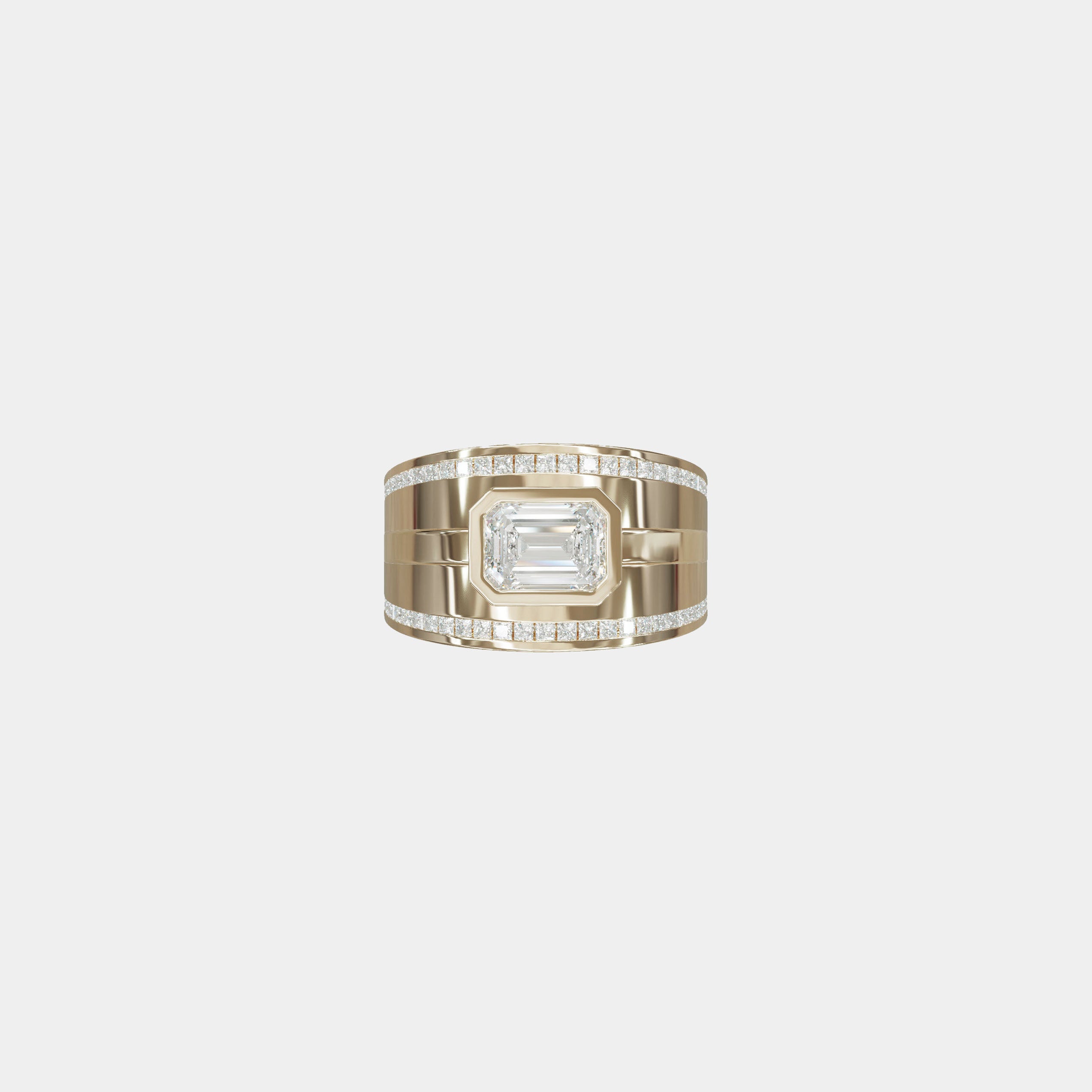 Rings-A bold expression of love, unity, and courage, this three-piece wedding ring set is designed for those who dare to love fearlessly. At its heart lies a striking emerald-cut diamond, bezel-set in a sleek band - symbolizing clarity, strength, and unwavering commitment. Bound by two perfectly contoured bands, the set fits together like a powerful puzzle, each piece enhancing the other. The architectural design reflects the bravery it takes to build a lasting bond, while the radiant finish and seamless al