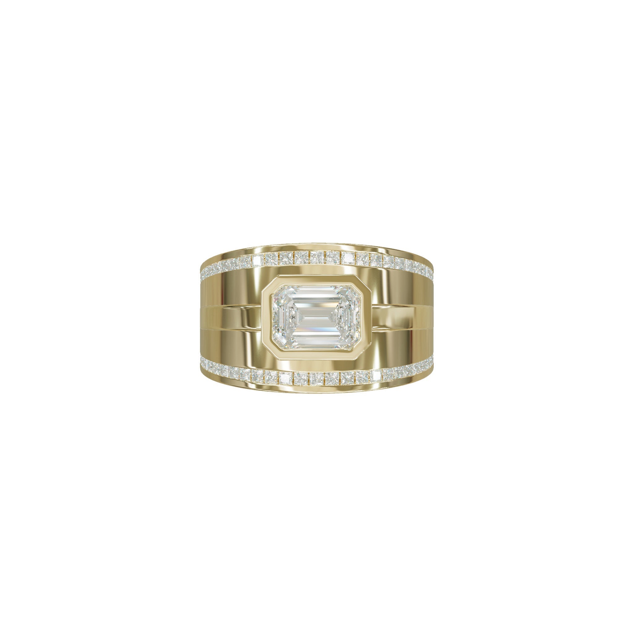 Rings-A bold expression of love, unity, and courage, this three-piece wedding ring set is designed for those who dare to love fearlessly. At its heart lies a striking emerald-cut diamond, bezel-set in a sleek band - symbolizing clarity, strength, and unwavering commitment. Bound by two perfectly contoured bands, the set fits together like a powerful puzzle, each piece enhancing the other. The architectural design reflects the bravery it takes to build a lasting bond, while the radiant finish and seamless al