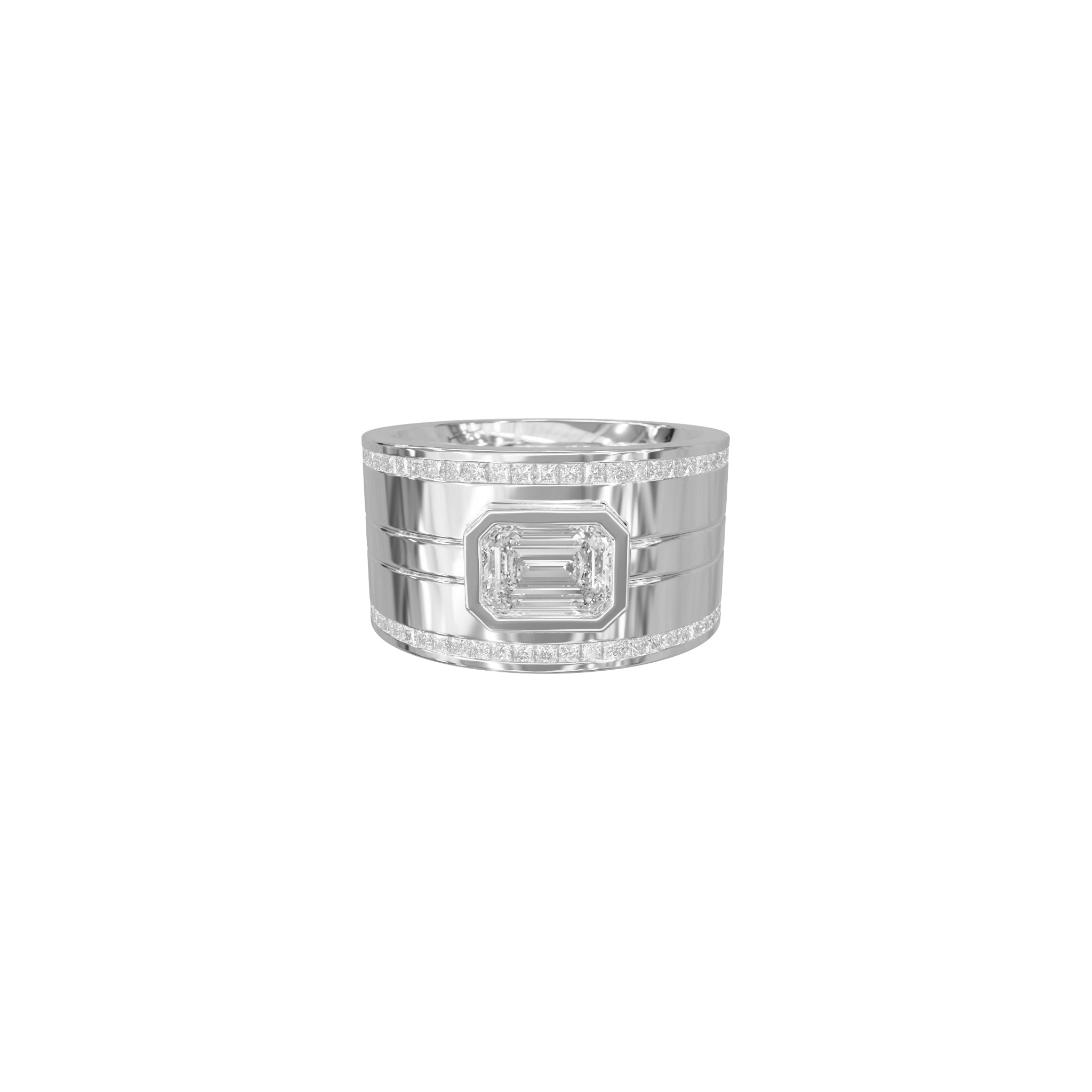 Rings-A bold expression of love, unity, and courage, this three-piece wedding ring set is designed for those who dare to love fearlessly. At its heart lies a striking emerald-cut diamond, bezel-set in a sleek band - symbolizing clarity, strength, and unwavering commitment. Bound by two perfectly contoured bands, the set fits together like a powerful puzzle, each piece enhancing the other. The architectural design reflects the bravery it takes to build a lasting bond, while the radiant finish and seamless al