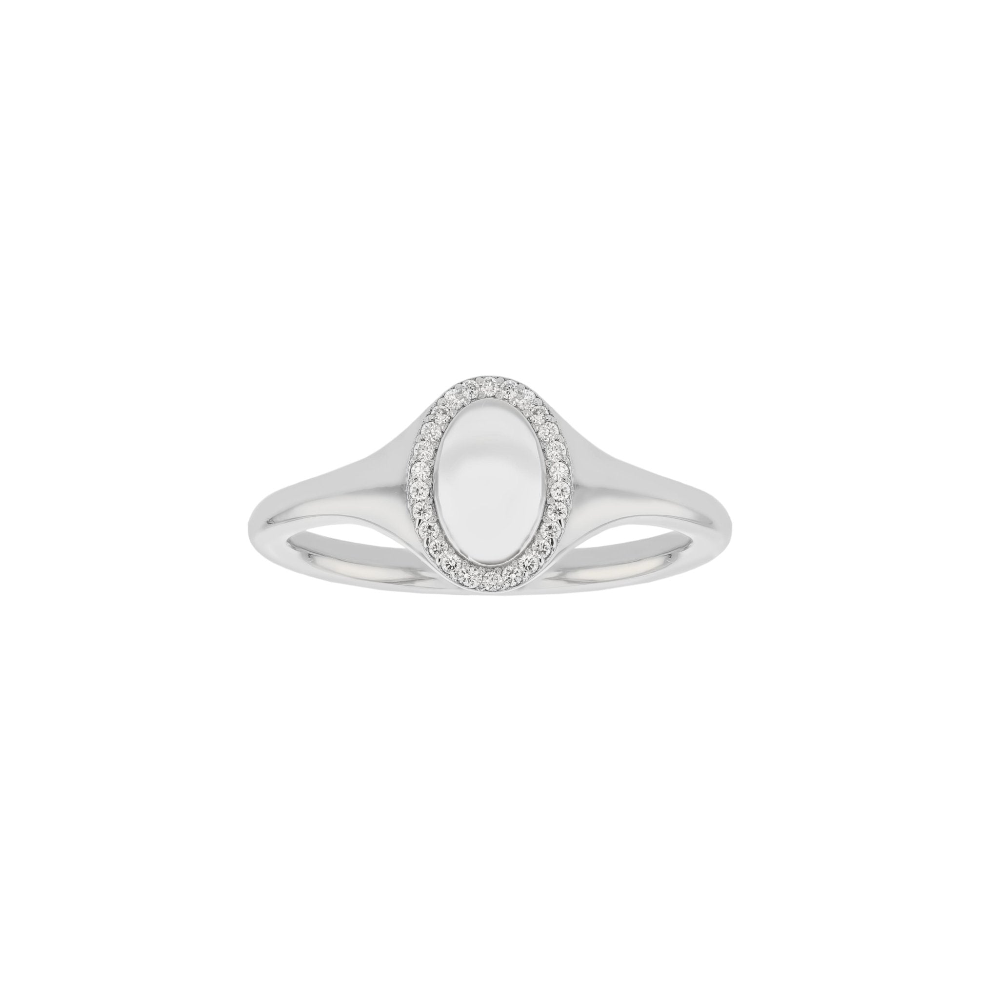 Rings-An elevated take on a classic signet ring. With an antique inspired shape this timeless ring is embellished with a delicate halo of small diamonds around the oval face of the ring.-ELIISE MAAR JEWELLERY