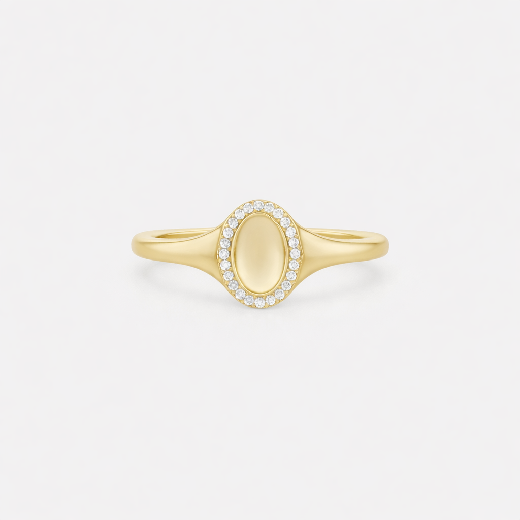 Rings-An elevated take on a classic signet ring. With an antique inspired shape this timeless ring is embellished with a delicate halo of small diamonds around the oval face of the ring.-ELIISE MAAR JEWELLERY