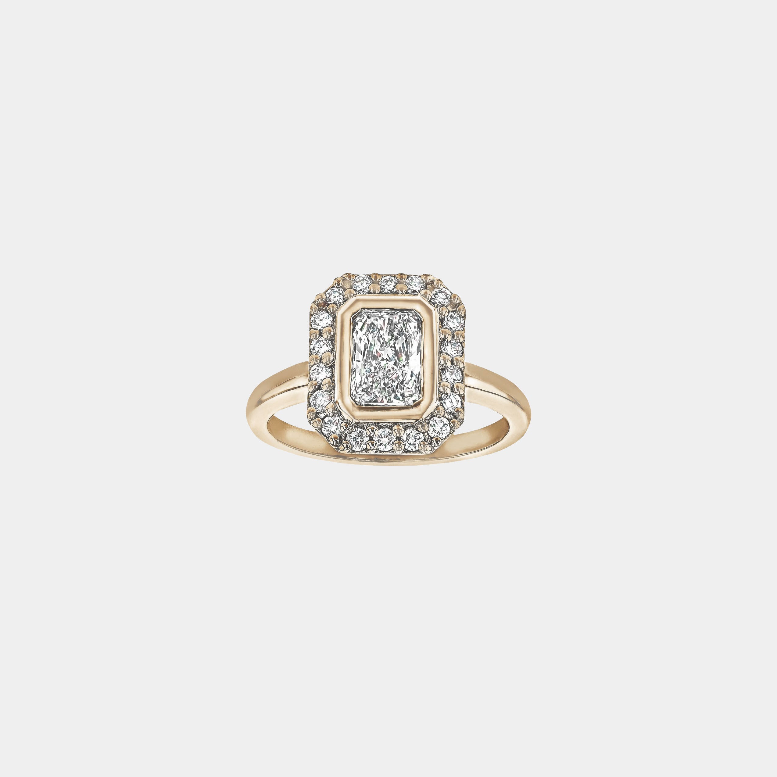 Rings-A contemporary take on an art-deco design. The Holly boasts a stunning bezel set radiant cut centre diamond adorned by a striking halo. This ring uses and enhances the metal in which the stones are set in to create a design that is powerful and elegant.-ELIISE MAAR JEWELLERY
