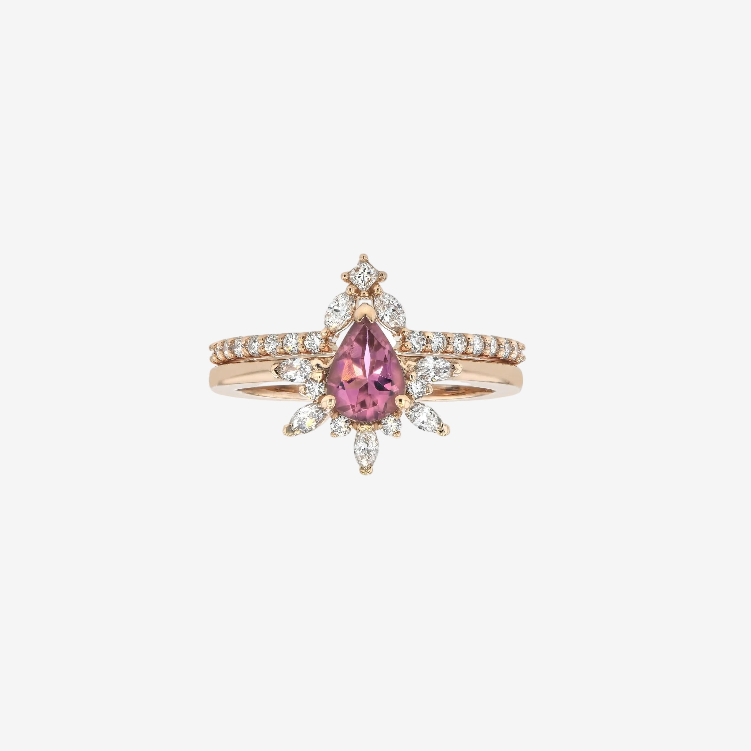Rings-Feminine, nostalgic nod to the beauty, timelessness and grace of what it means to be woman. Center stone is a stunning vibrant Pink Tourmaline completed with a divine diamond halo. Destined to be your forever obsession. Product Details - Features a 0.70ct Pink Tourmaline- Half halo features marquise and round F/SI1 natural diamonds (approximately 0.20ct)- Shop the Natasha Diamond Crown to complete the set- The ring is 1.85mm wide and 1.6mm thick-ELIISE MAAR JEWELLERY