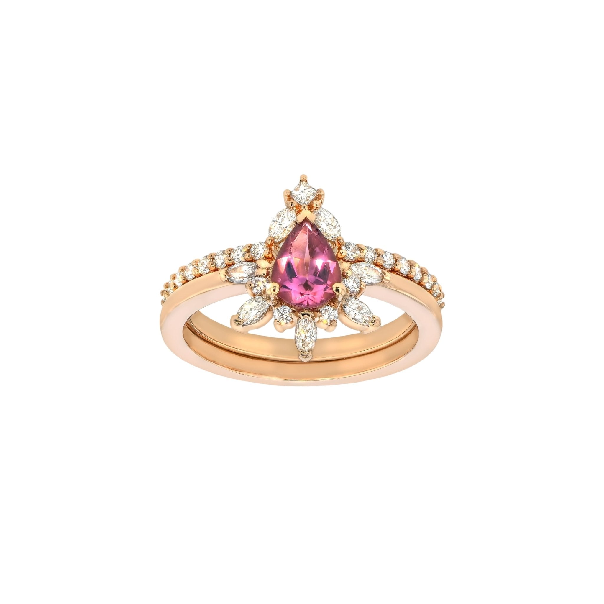 Rings-Feminine, nostalgic nod to the beauty, timelessness and grace of what it means to be woman. Center stone is a stunning vibrant Pink Tourmaline completed with a divine diamond halo. Destined to be your forever obsession. Product Details - Features a 0.70ct Pink Tourmaline- Half halo features marquise and round F/SI1 natural diamonds (approximately 0.20ct)- Shop the Natasha Diamond Crown to complete the set- The ring is 1.85mm wide and 1.6mm thick-ELIISE MAAR JEWELLERY