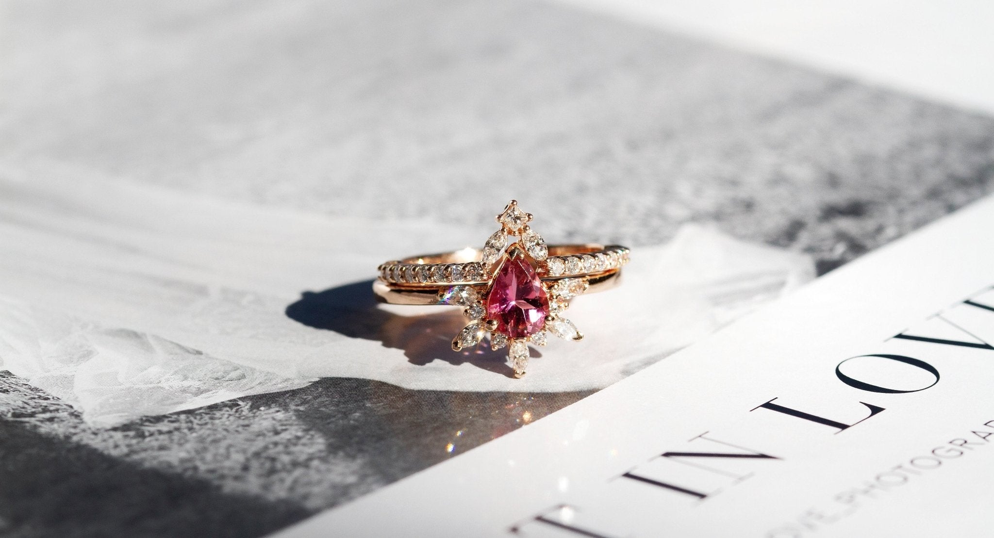 Rings-Feminine, nostalgic nod to the beauty, timelessness and grace of what it means to be woman. Center stone is a stunning vibrant Pink Tourmaline completed with a divine diamond halo. Destined to be your forever obsession. Product Details - Features a 0.70ct Pink Tourmaline- Half halo features marquise and round F/SI1 natural diamonds (approximately 0.20ct)- Shop the Natasha Diamond Crown to complete the set- The ring is 1.85mm wide and 1.6mm thick-ELIISE MAAR JEWELLERY