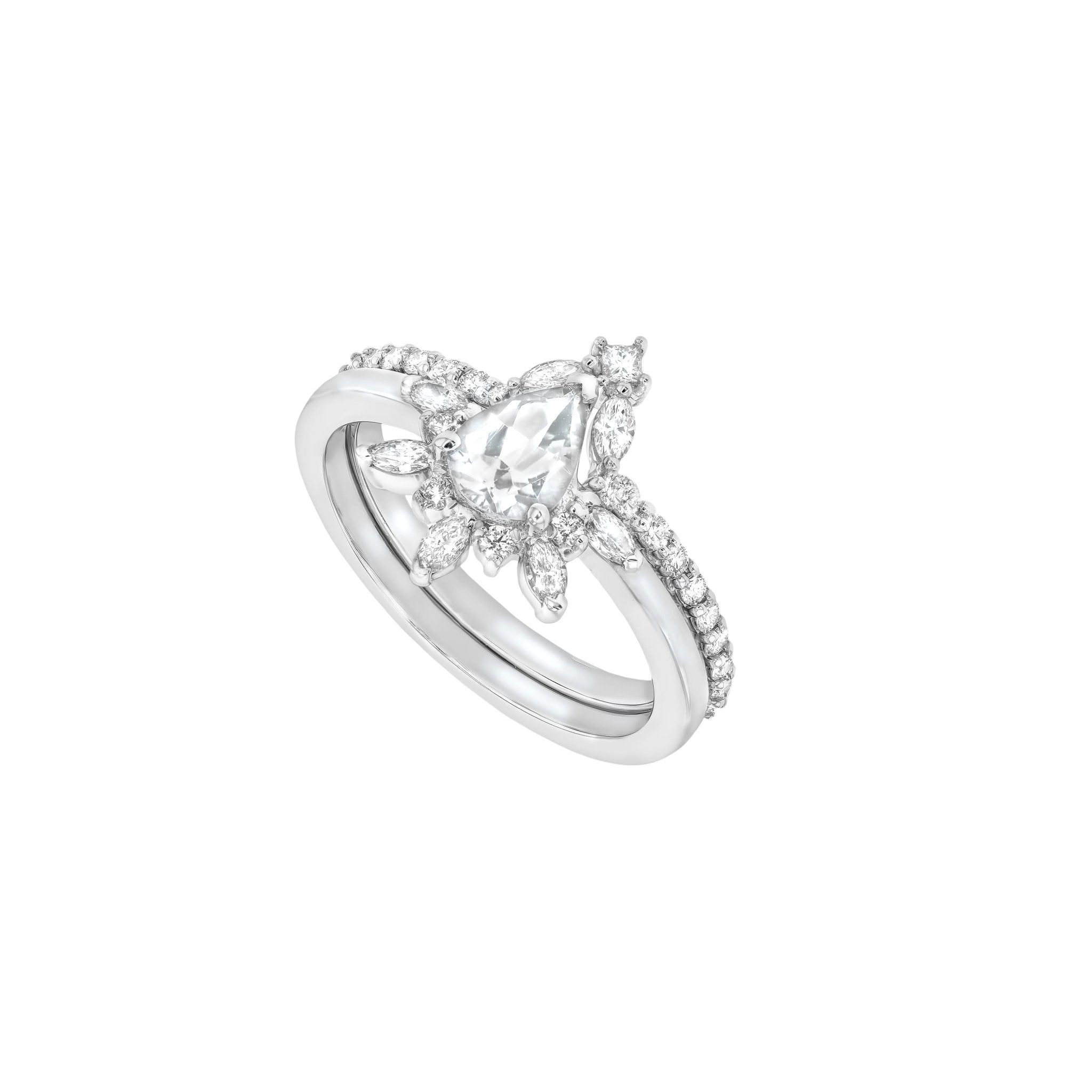 Rings-Feminine, nostalgic nod to the beauty, timelessness and grace of what it means to be woman. Centre stone is a stunning white sapphire completed with a divine diamond halo. Destined to be your forever obsession. Product Details - Features a 0.70ct natural white sapphire- Half halo features marquise and round F/SI1 natural diamonds (approximately 0.20ct)- Shop the Natasha Diamond Crown to complete the set- The ring is 1.85mm wide and 1.6mm thick-ELIISE MAAR JEWELLERY