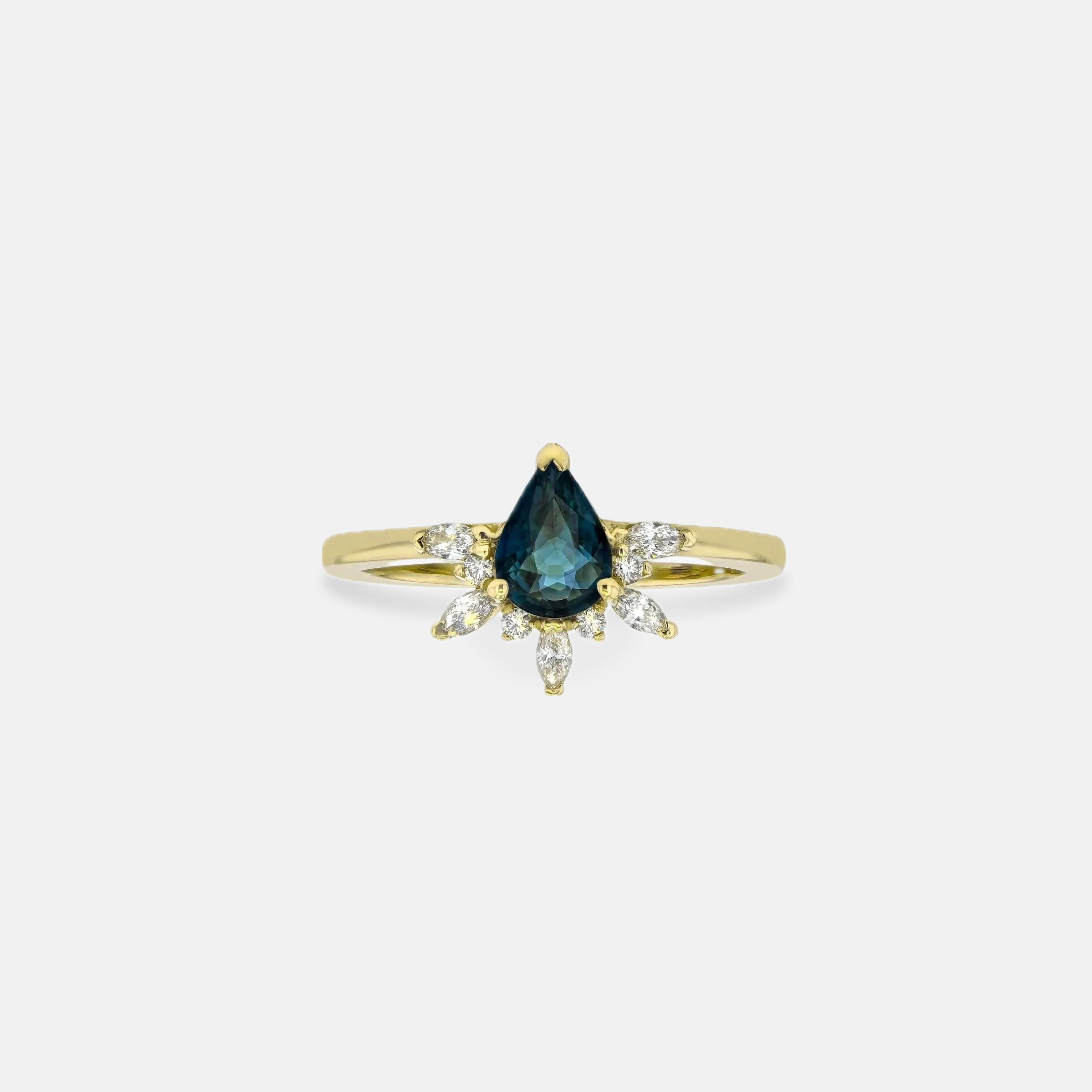 Rings-Feminine, nostalgic nod to the beauty, timelessness and grace of what it means to be woman. Centre stone is a stunning Australian Sapphire completed with a divine diamond halo. Destined to be your forever obsession. Product Details - Features a 0.70ct natural deep blue Australian Sapphire- Half halo features marquise and round F/SI1 natural diamonds (approximately 0.20ct)- Shop the Natasha Diamond Crown to complete the set- The ring is 1.85mm wide and 1.6mm thick-ELIISE MAAR JEWELLERY