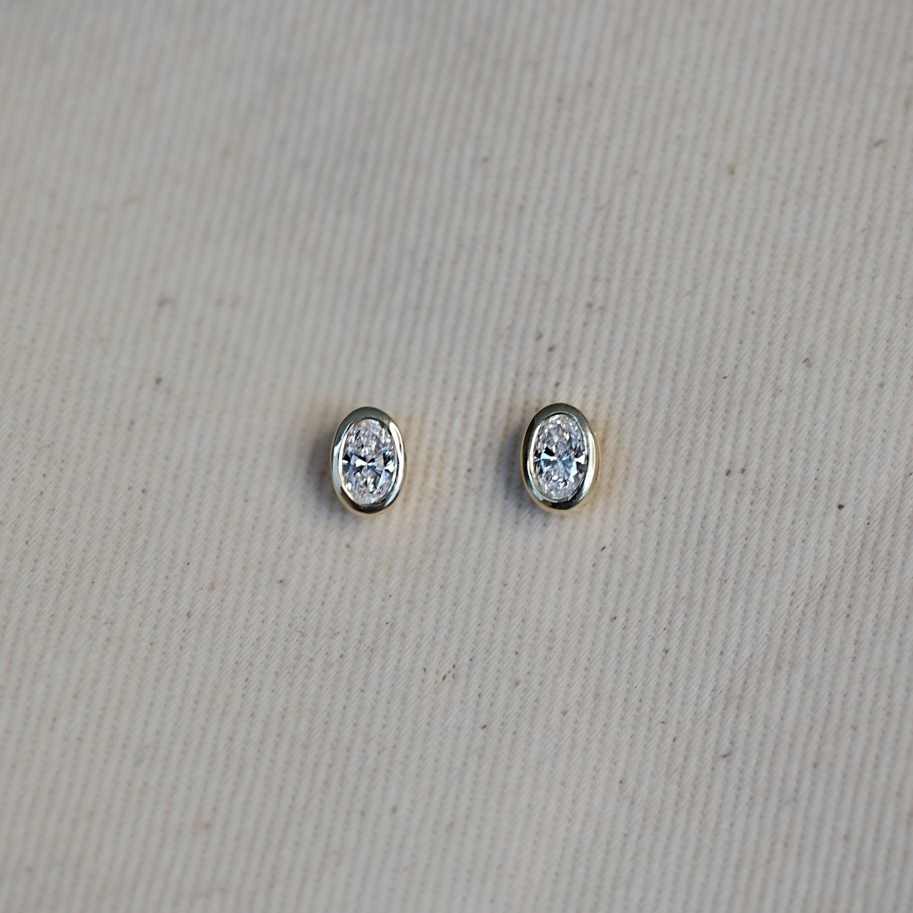 Earrings-Oval Bezel Diamond Solitaire Studs. Made to order in Australia, 2-4 week lead time. Ethically sourced diamonds, recycled gold.-ELIISE MAAR JEWELLERY
