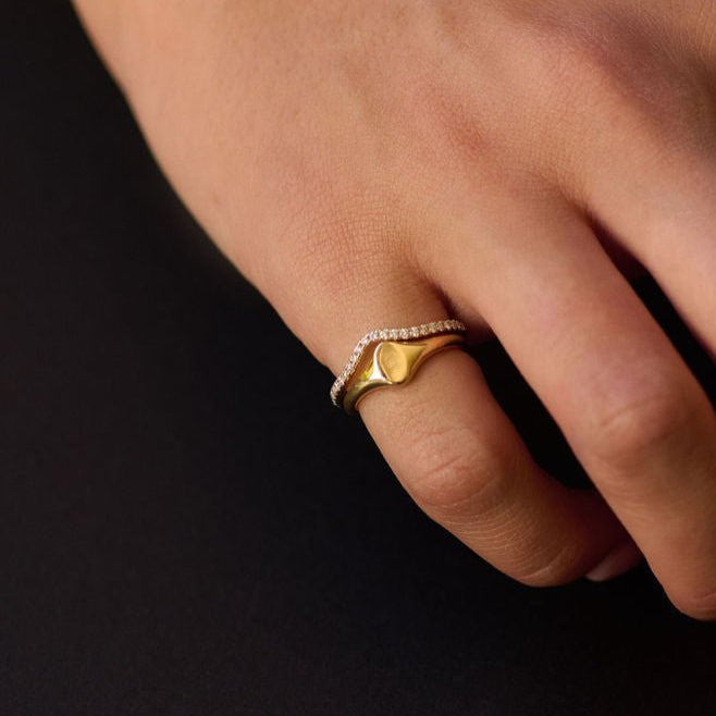 Rings-An exquisitely dainty signet band. This signet is perfect as a pinky ring or delicate band on any finger. Stunning by itself or paired with the shaped signet diamond band for extra radiance. Product Details - Curved diamond band is available to purchase separately here - Band is 2mm thick and wide - Please email for customizations if you would like to add any gemstones-ELIISE MAAR JEWELLERY