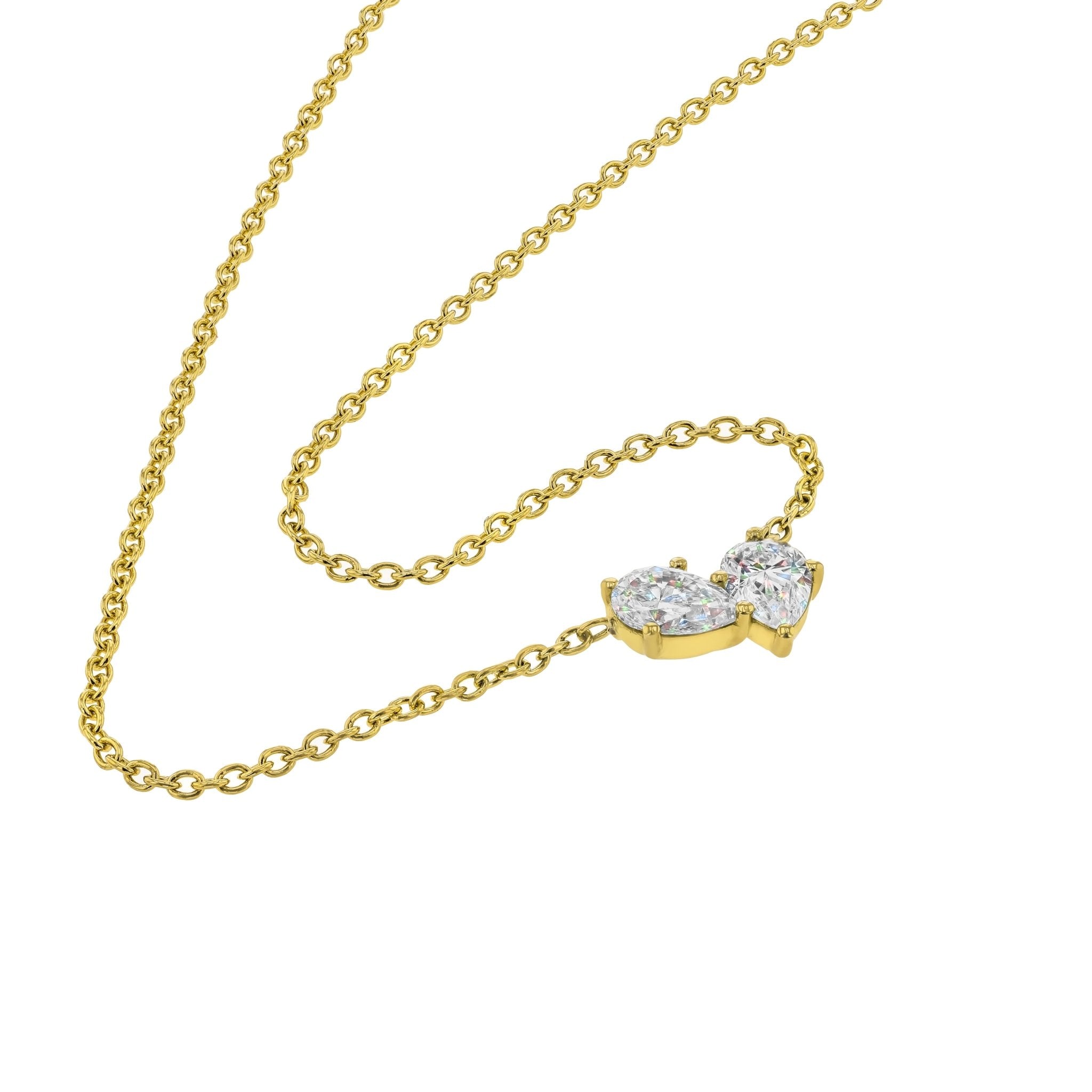 Necklaces-This enchanting heart shaped birthstone necklace looks like a spark of celestial beauty. Two individual, sparkling pear-shaped stones, customizable to each of your beloved's birth months. Luxe Necklace - Features 6x4 Pear Cut Gemstones (total carat weigh 1.00ct) JANUARY Garnet FEBRUARY Amethyst MARCH Aquamarine APRIL Diamond MAY Emerald JUNE Pearl JULY Ruby AUGUST Peridot SEPTEMBER Sapphire OCTOBER Tourmaline NOVEMBER Citrine DECEMBER Blue Topaz Whether worn as a reminder of someone special in you