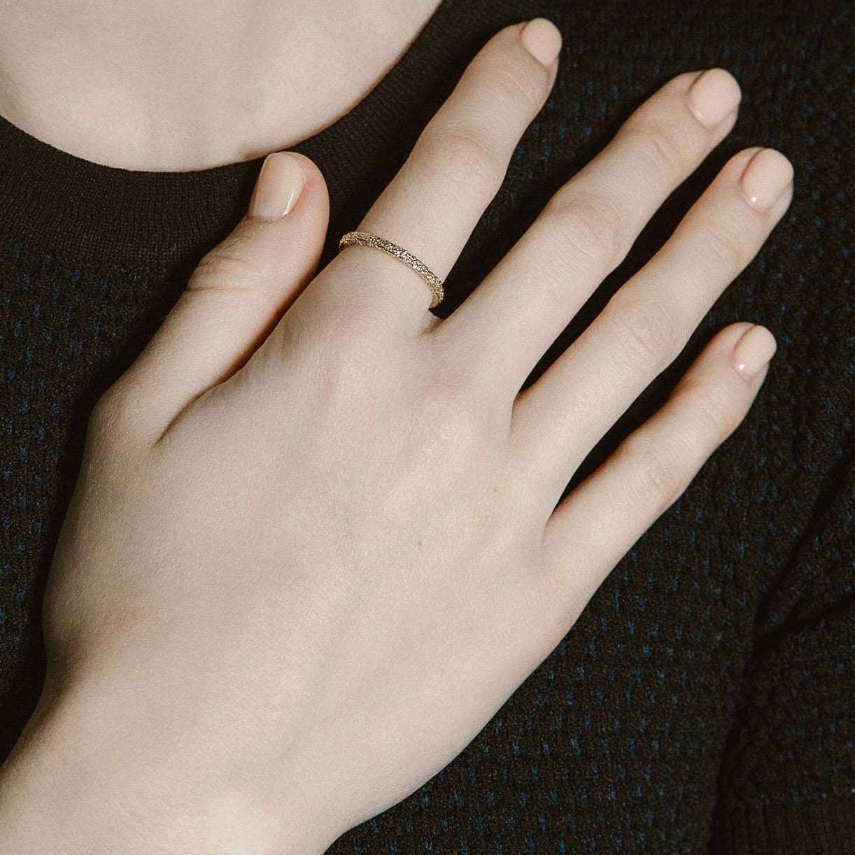 Rings-Inspired by the frosty landscapes of Estonia, this detailed gold band is delicate and sophisticated. Stunning as a stand alone ring or stacked.-ELIISE MAAR JEWELLERY