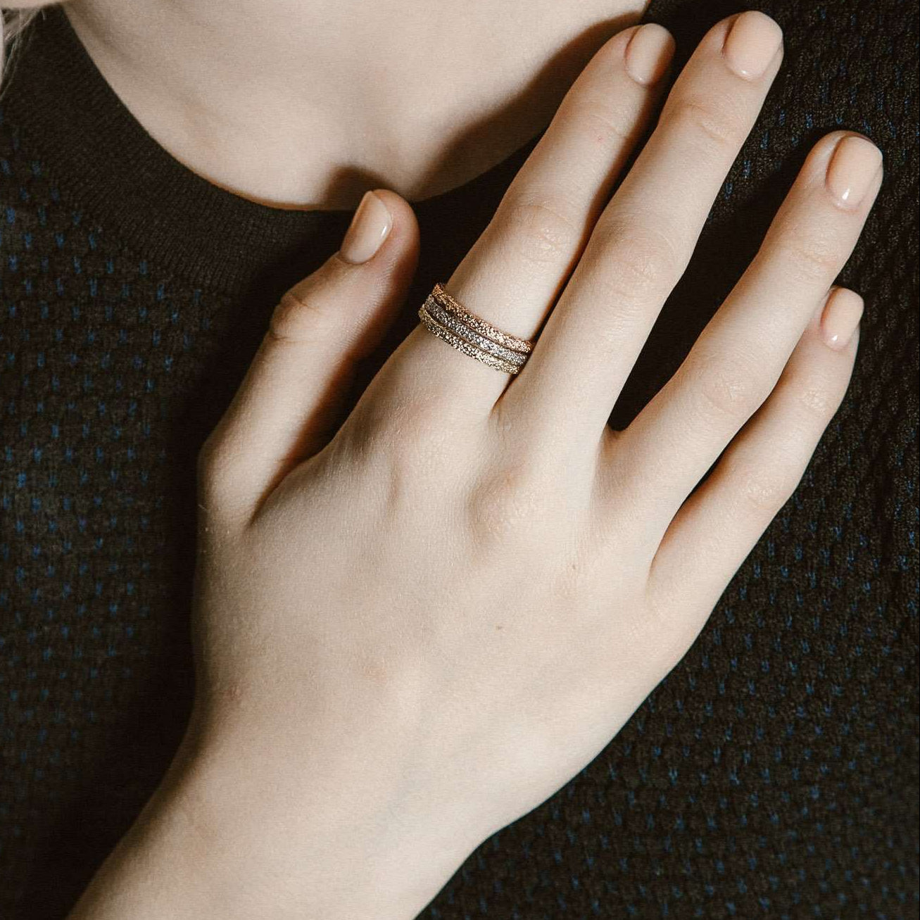 Rings-Inspired by the frosty landscapes of Estonia, this detailed gold band is delicate and sophisticated. Stunning as a stand alone ring or stacked.-ELIISE MAAR JEWELLERY