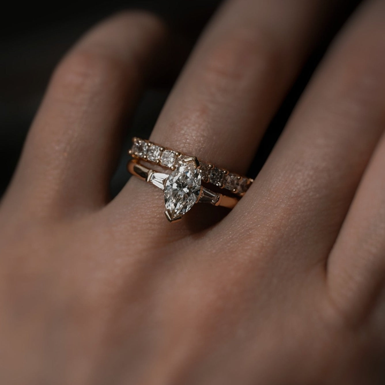 Rings-Your perfect art-deco dream. The striking beauty of the marquise diamond is the focus of this stunning engagement ring. The trilogy arrangement with the tapered baguettes on either side of the centre stone creates a crescendo of sparkling beauty. - VIDEO 1- VIDEO 2-ELIISE MAAR JEWELLERY