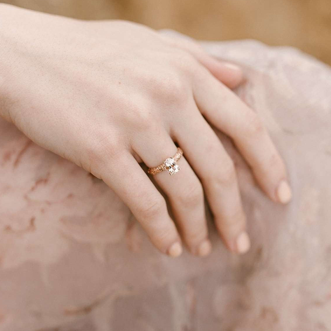 Rings-One of Eliise Maar’s most-renowned pieces from her signature FROST collection. The Fine Frost Morganite Ring in Rose Gold wears like a modern day fairytale. Designed for everyday living and as the perfect engagement ring. The frost texture is unique to Eliise Maar, making it a distinct and recognizable piece of jewellery that will never fade. Complete with a sparkling peach Morganite stone for an aspect of the divine.-ELIISE MAAR JEWELLERY