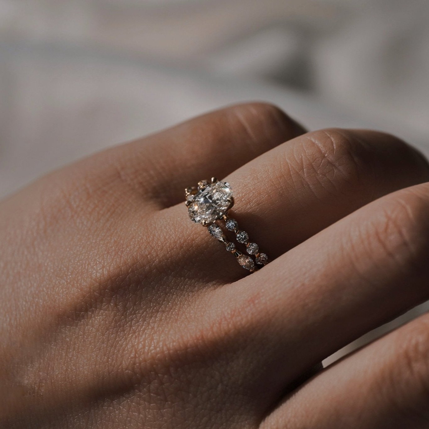 Rings-Exemplify the beauty of the oval cut diamond with the beautiful round brilliant cut diamonds set into the band of this ring. A truly stunning ring to love for a lifetime. Pair with the Petite Josephine or Josephine Luxe for a matching wedding set.-ELIISE MAAR JEWELLERY