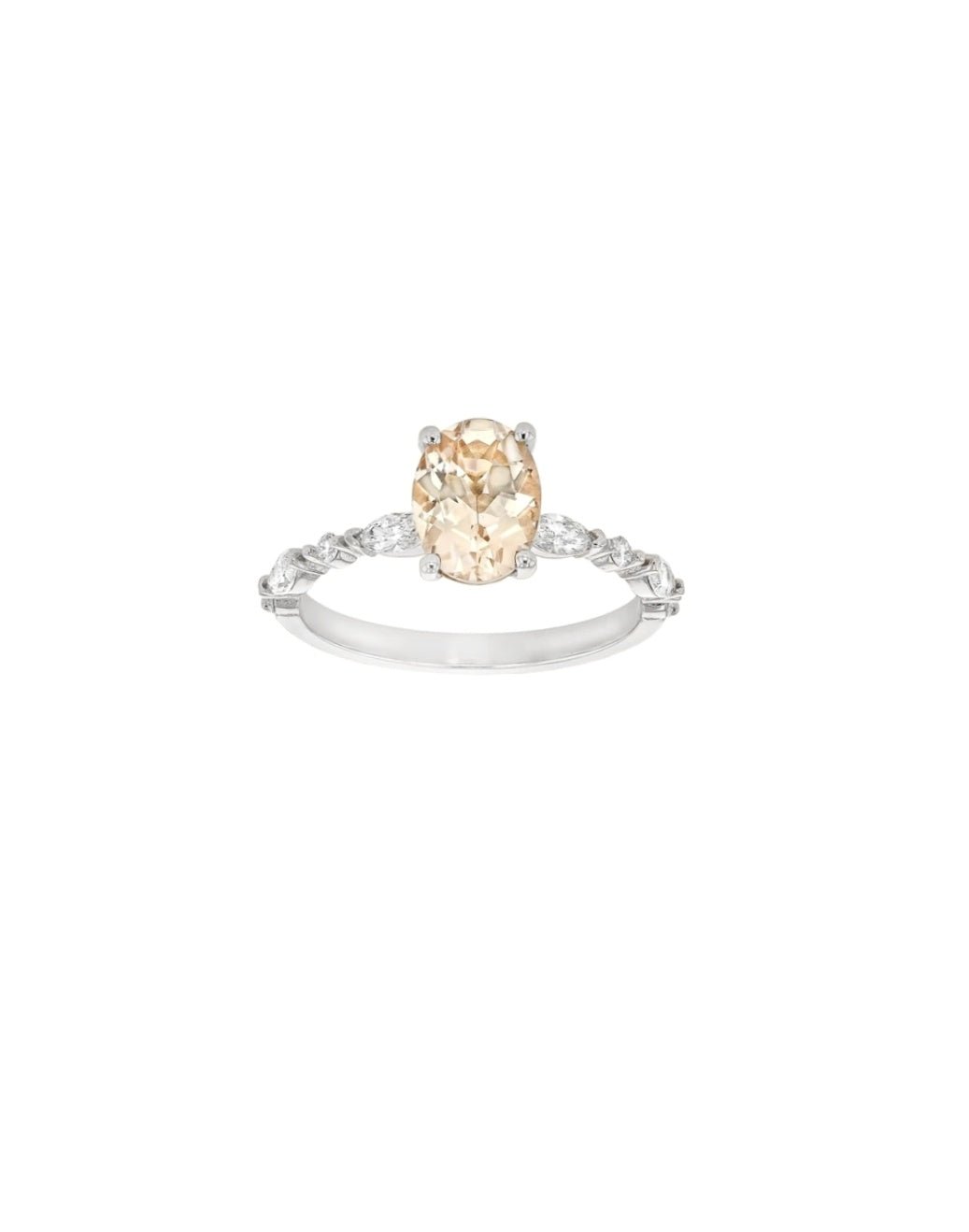 Rings-One of our most beloved designs. The Kelly features a stunning centre morganite surrounded by a band holding marquise and round-cut diamonds. This ring is a stunning reflection of love with its intricate design and endless sparkle. We recommend pairing the Kelly with the Eleni Diamond Band or the Eleanor Diamond Band. Product Details - Featuring a natural 8x6mm peachy-pinky Morganite centre stone- The ring is 2mm thick and 1.80mm wide - The side stones are marquise and round brilliant cut natural diam
