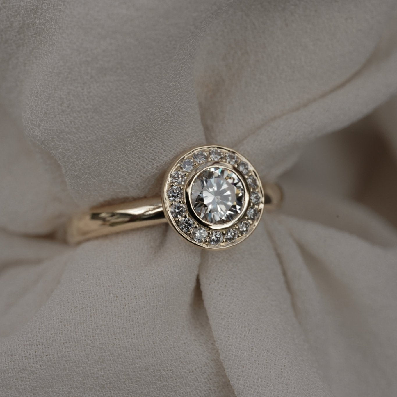 Rings-A classic bezel set round diamond engagement ring with halo.-ELIISE MAAR JEWELLERY